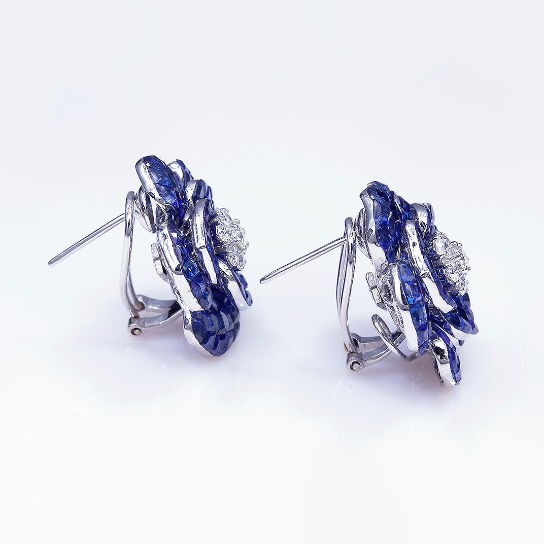 Modern 18K White gold invisible Sapphire Invisible Rose Earrings For Sale
