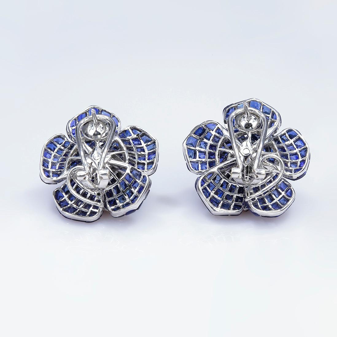 Square Cut 18K White gold invisible Sapphire Invisible Rose Earrings For Sale