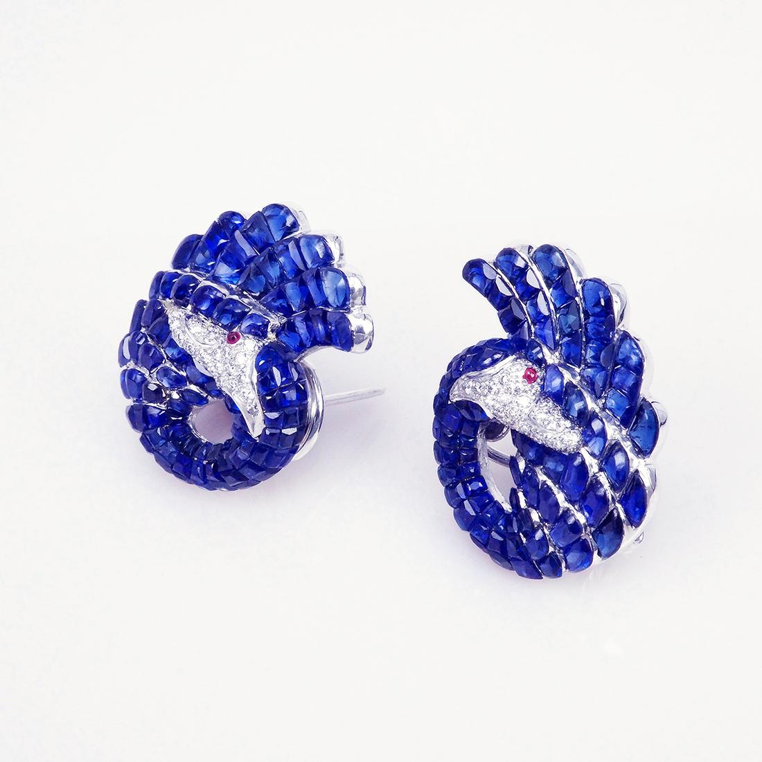Modern 18K White gold invisible Sapphire Swan Earrings For Sale
