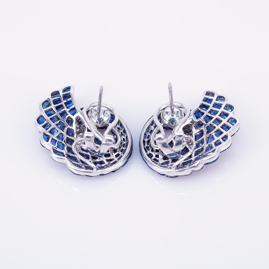 Square Cut 18K White gold invisible Sapphire Swan Earrings For Sale