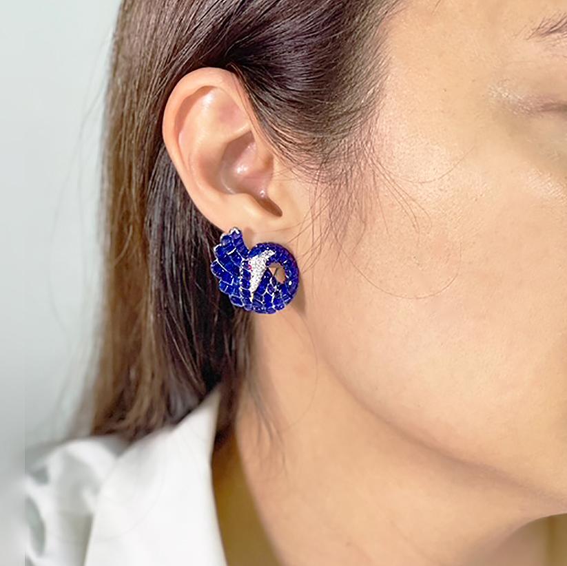 18K White gold invisible Sapphire Swan Earrings For Sale 1