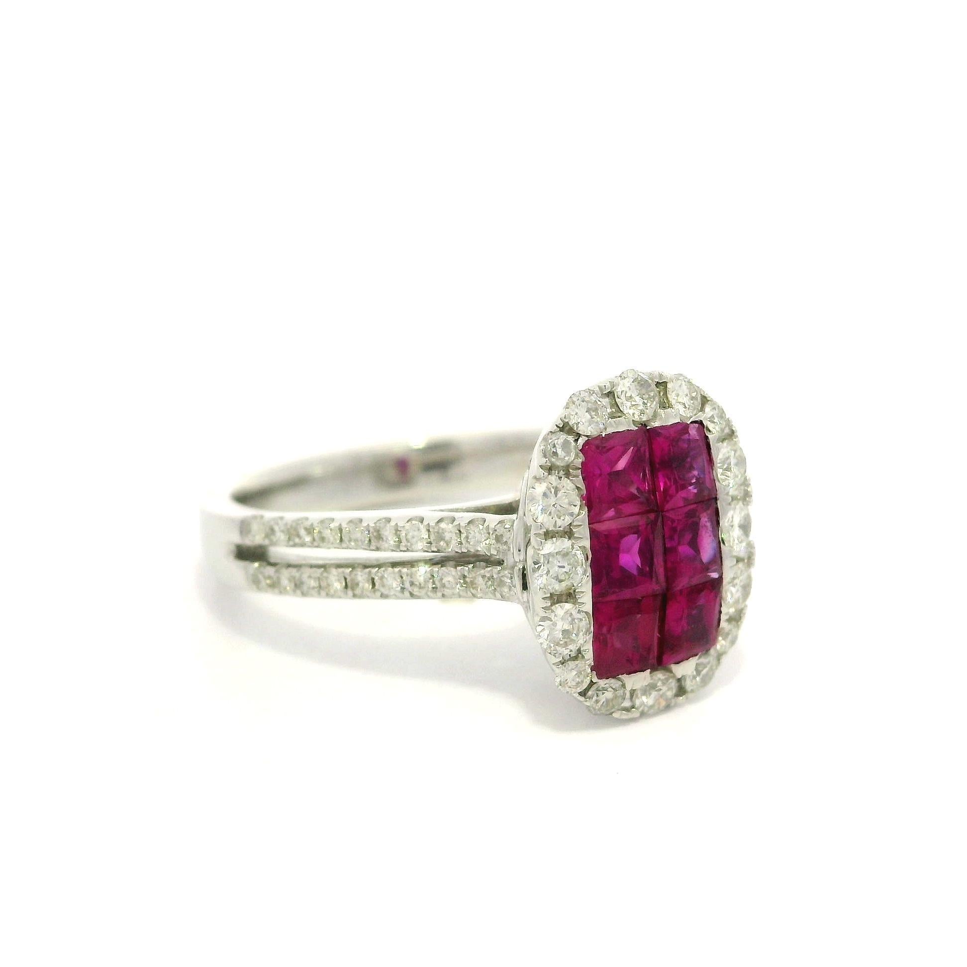 18k White Gold Invisible Set 1.75ctw Ruby Diamond Elongated Cushion Shape Ring For Sale 7