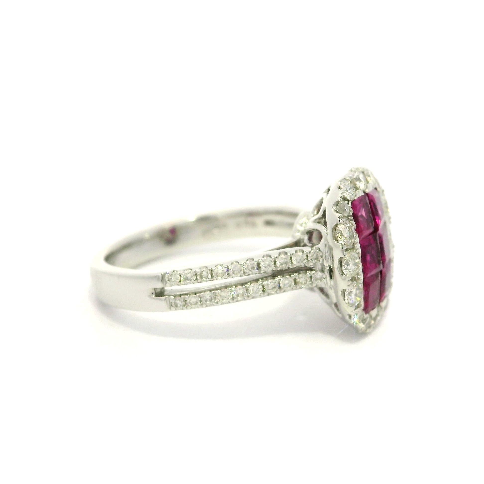 18k White Gold Invisible Set 1.75ctw Ruby Diamond Elongated Cushion Shape Ring For Sale 8