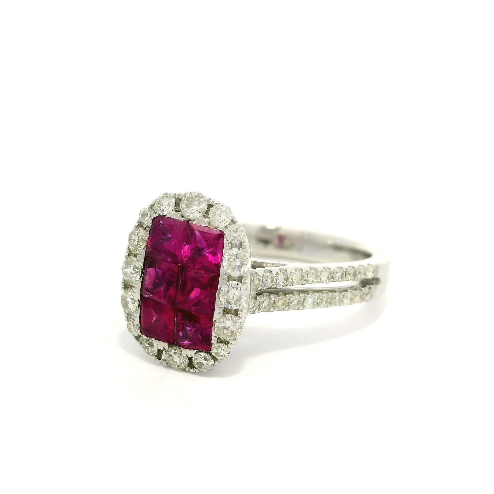 18k White Gold Invisible Set 1.75ctw Ruby Diamond Elongated Cushion Shape Ring For Sale 9