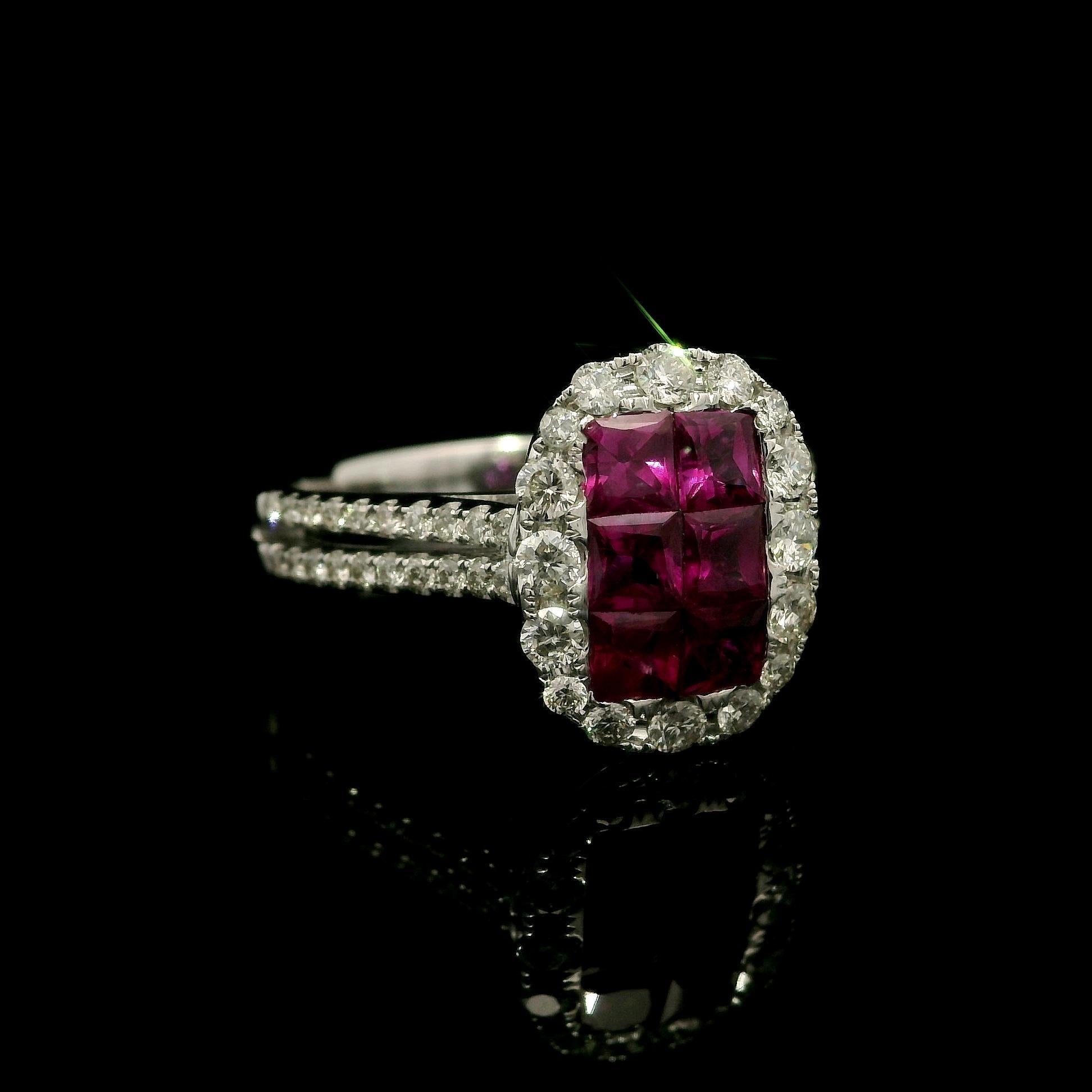 –Stone(s): –
(6) Natural Genuine Ruby - Square Cut - Invisible Set - Pinkish Red Color - 1.20ctw (exact)
(52) Natural Genuine Diamonds - Round Brilliant Cut - Pave Set - Nice Brilliant White Color - 0.55ctw (approx.)
Total Carat Weight: 1.75ctw