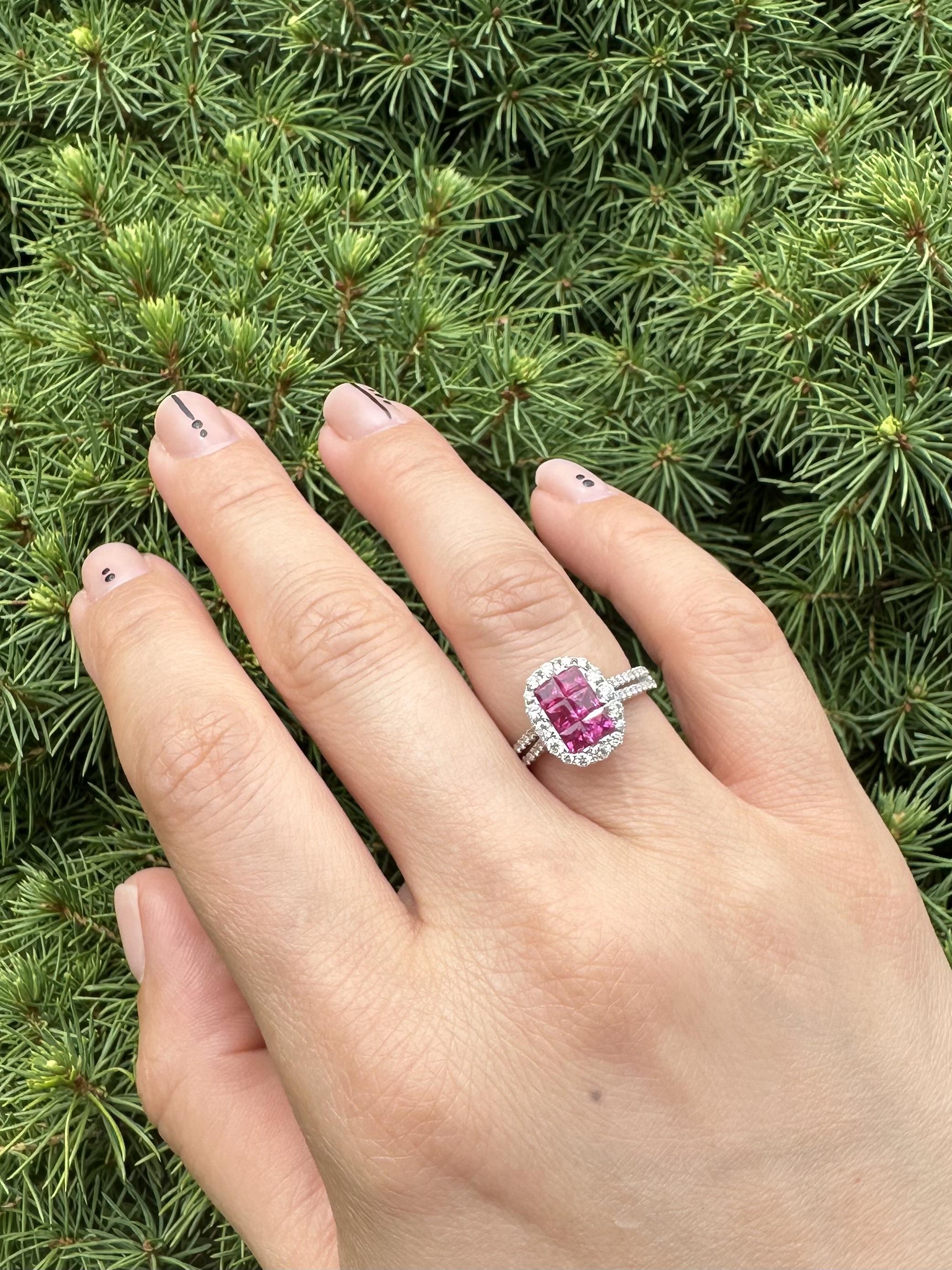 18k White Gold Invisible Set 1.75ctw Ruby Diamond Elongated Cushion Shape Ring In Excellent Condition For Sale In Montclair, NJ