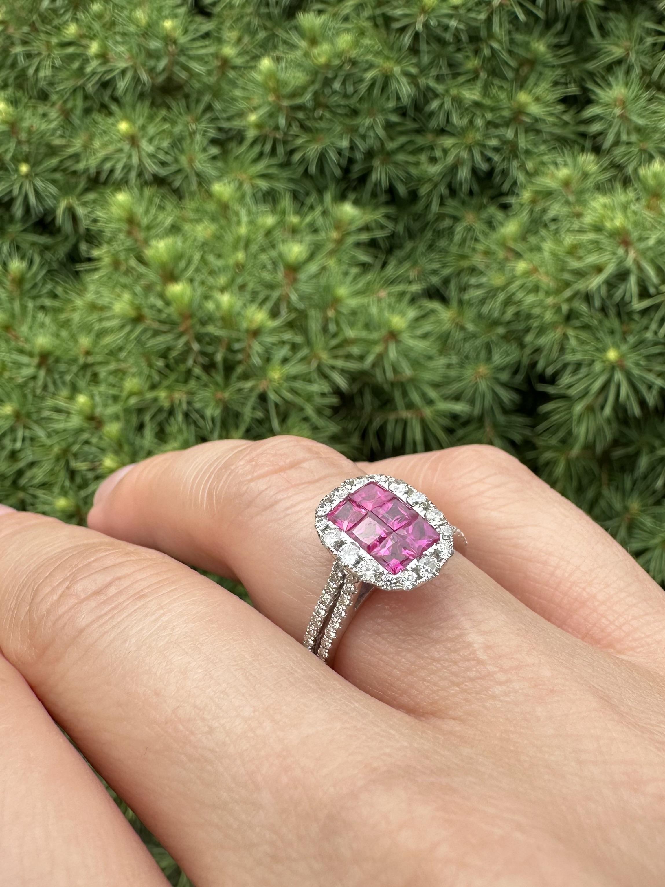Women's 18k White Gold Invisible Set 1.75ctw Ruby Diamond Elongated Cushion Shape Ring For Sale