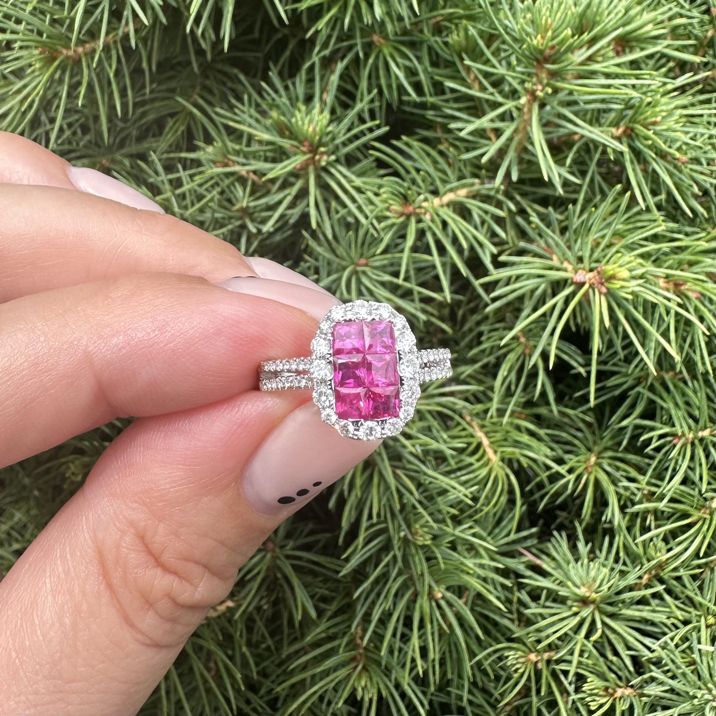 18k White Gold Invisible Set 1.75ctw Ruby Diamond Elongated Cushion Shape Ring For Sale 1
