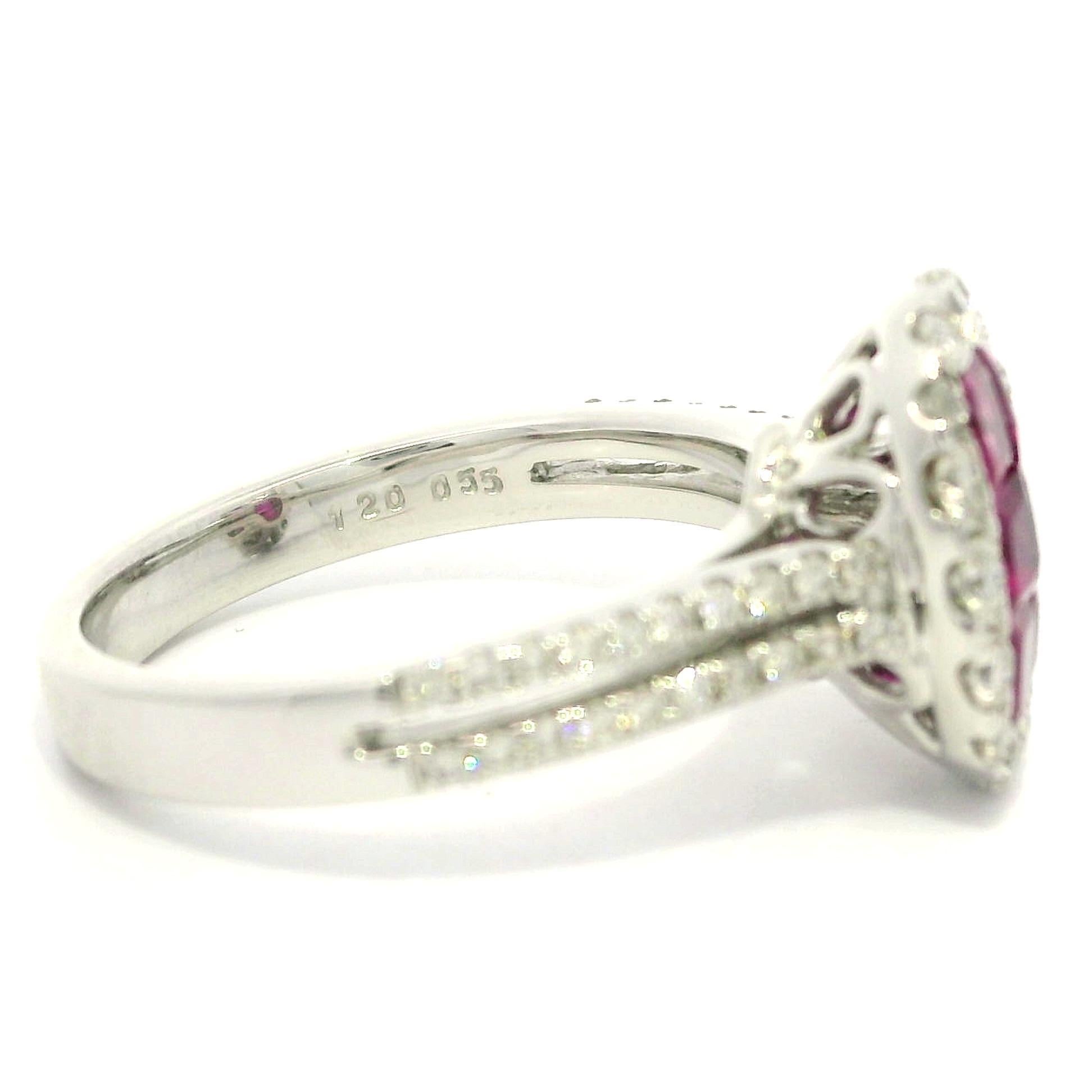 18k White Gold Invisible Set 1.75ctw Ruby Diamond Elongated Cushion Shape Ring For Sale 2