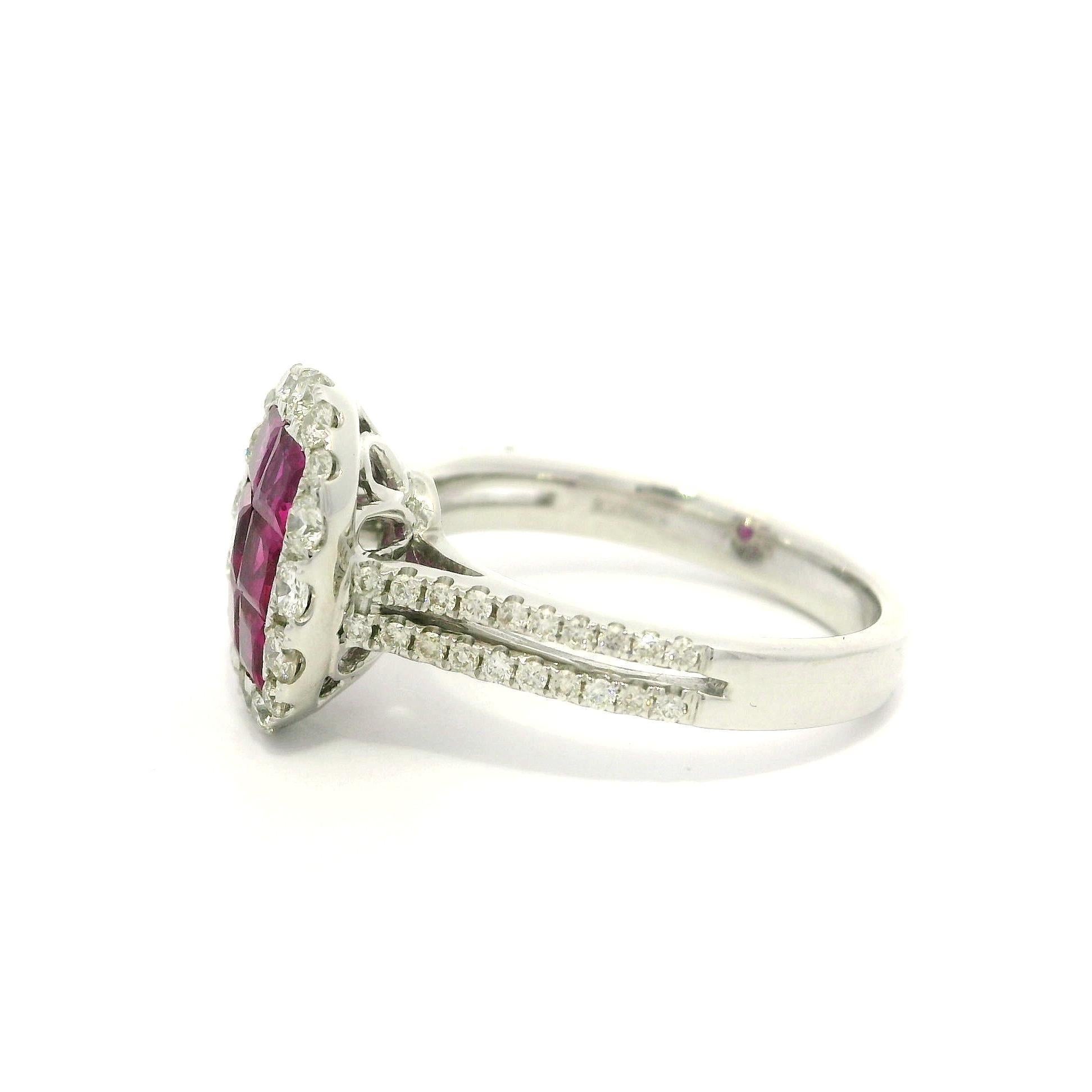 18k White Gold Invisible Set 1.75ctw Ruby Diamond Elongated Cushion Shape Ring For Sale 4