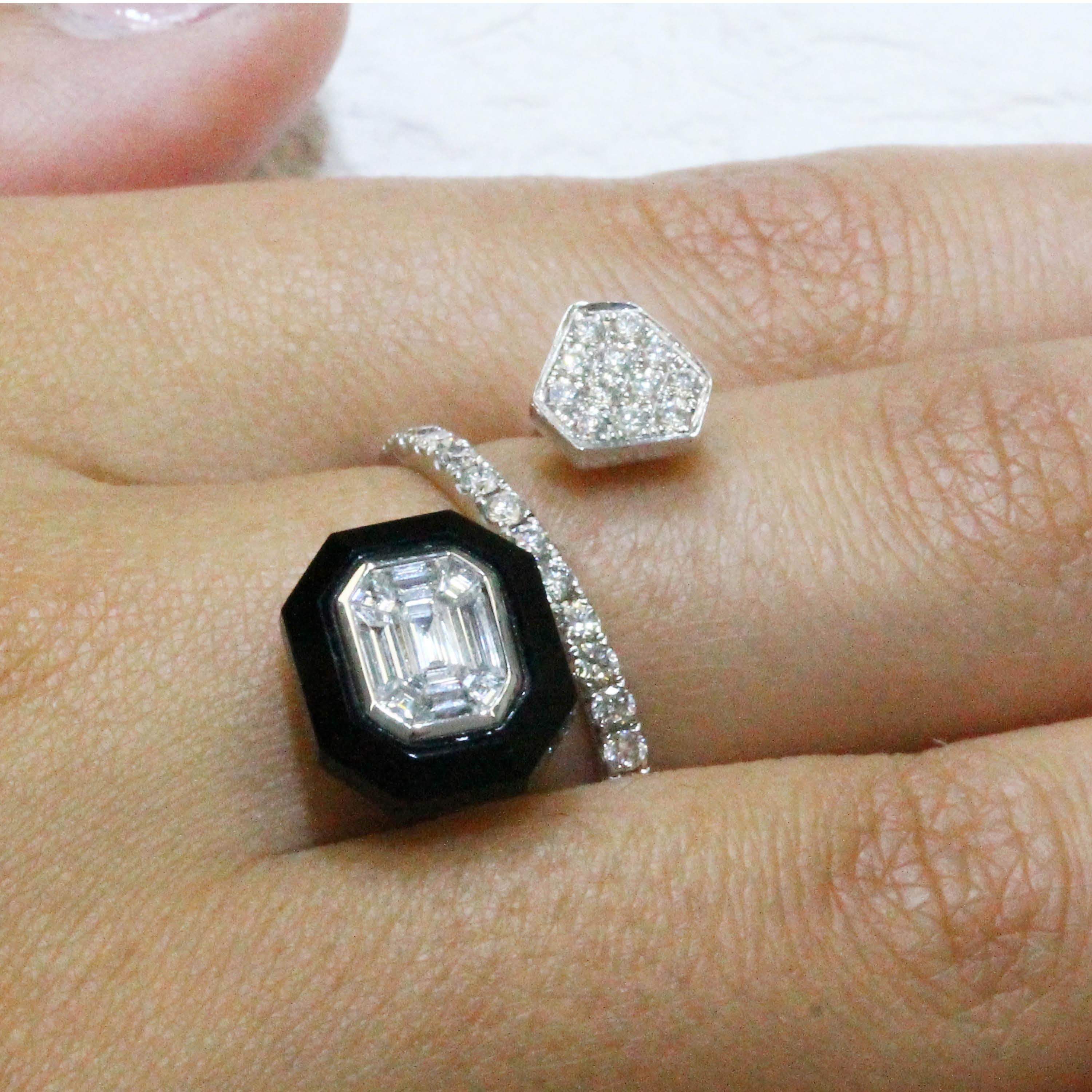 Contemporary 18 Karat Gold Invisible-Set Baguette Emerald Diamond Bypass Ring with Black Onyx For Sale