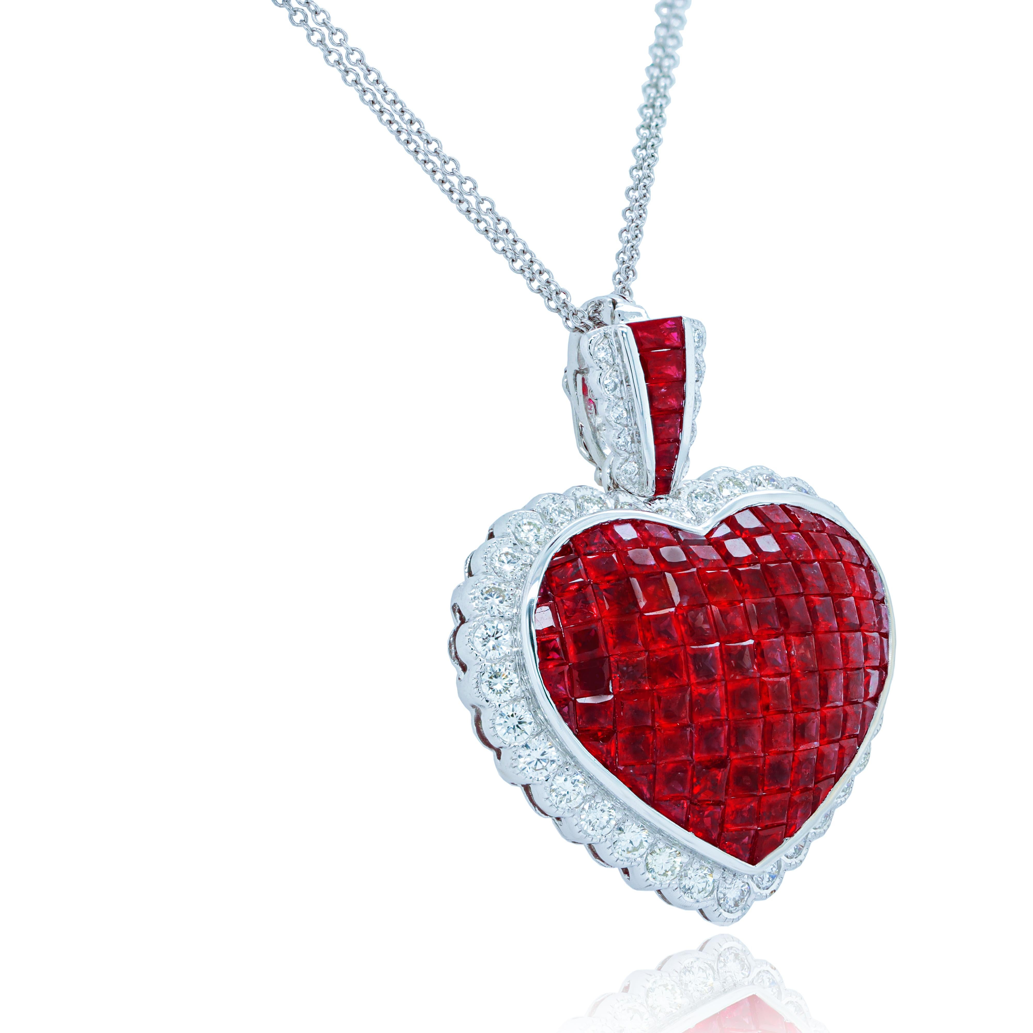 18K White Gold invisible set ruby and diamond pendant, features 15.00 carats of rubies and surrounded by 1.25 carats of diamonds. 
The finest quality of rubies and F-G in color SI in clarity diamonds. 
