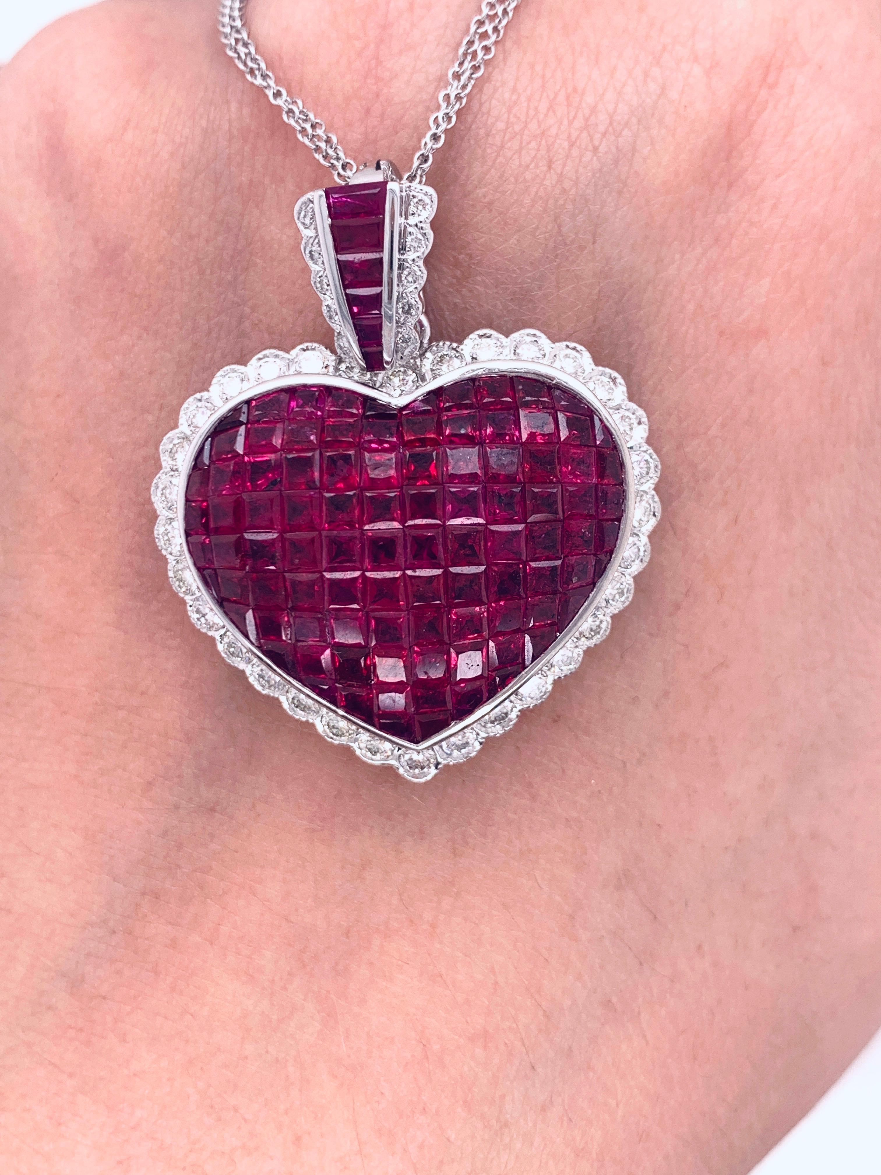 Princess Cut 18 Karat White Gold Invisible Set Ruby and Diamond Pendant