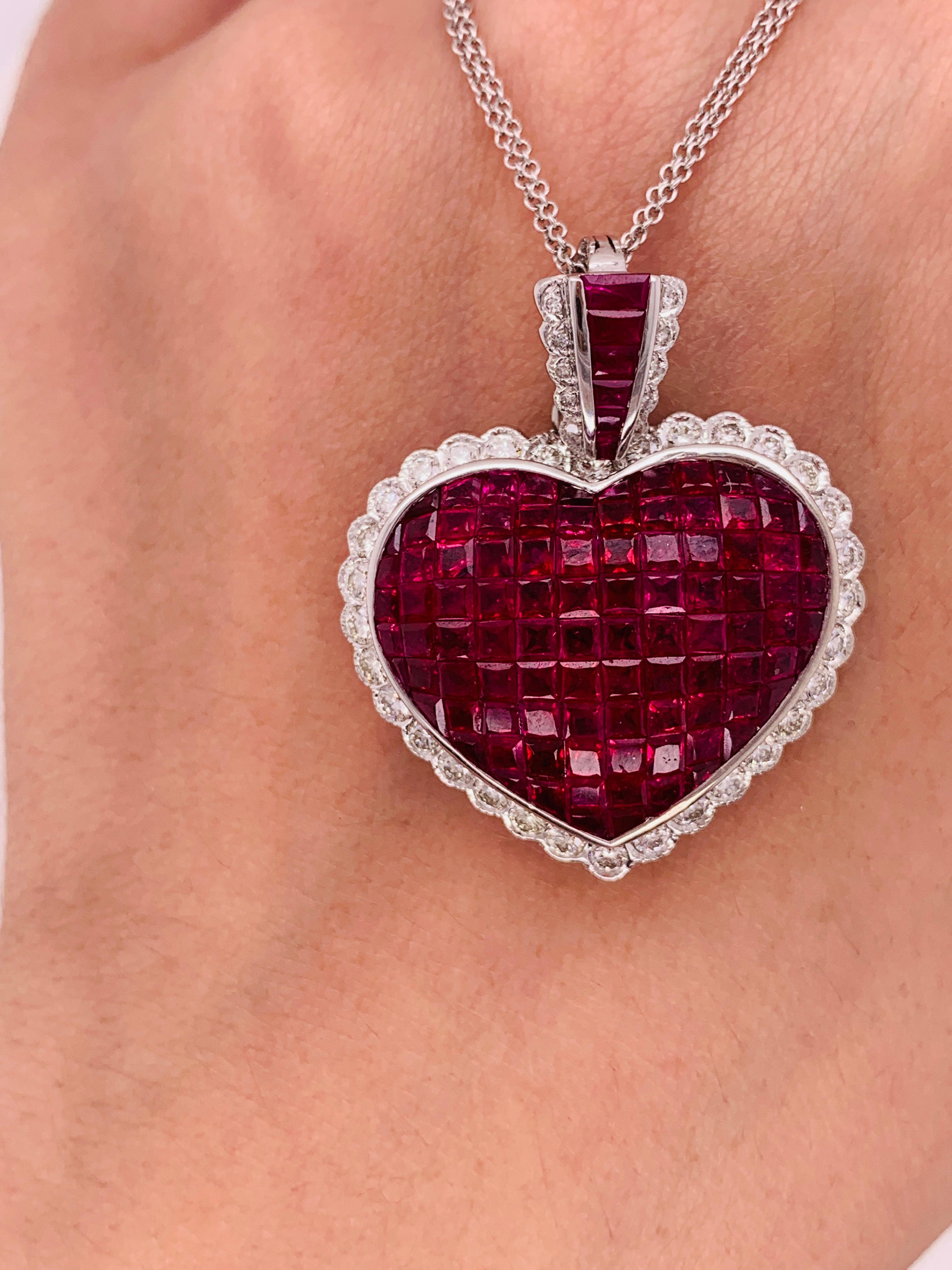 18 Karat White Gold Invisible Set Ruby and Diamond Pendant In New Condition In New York, NY