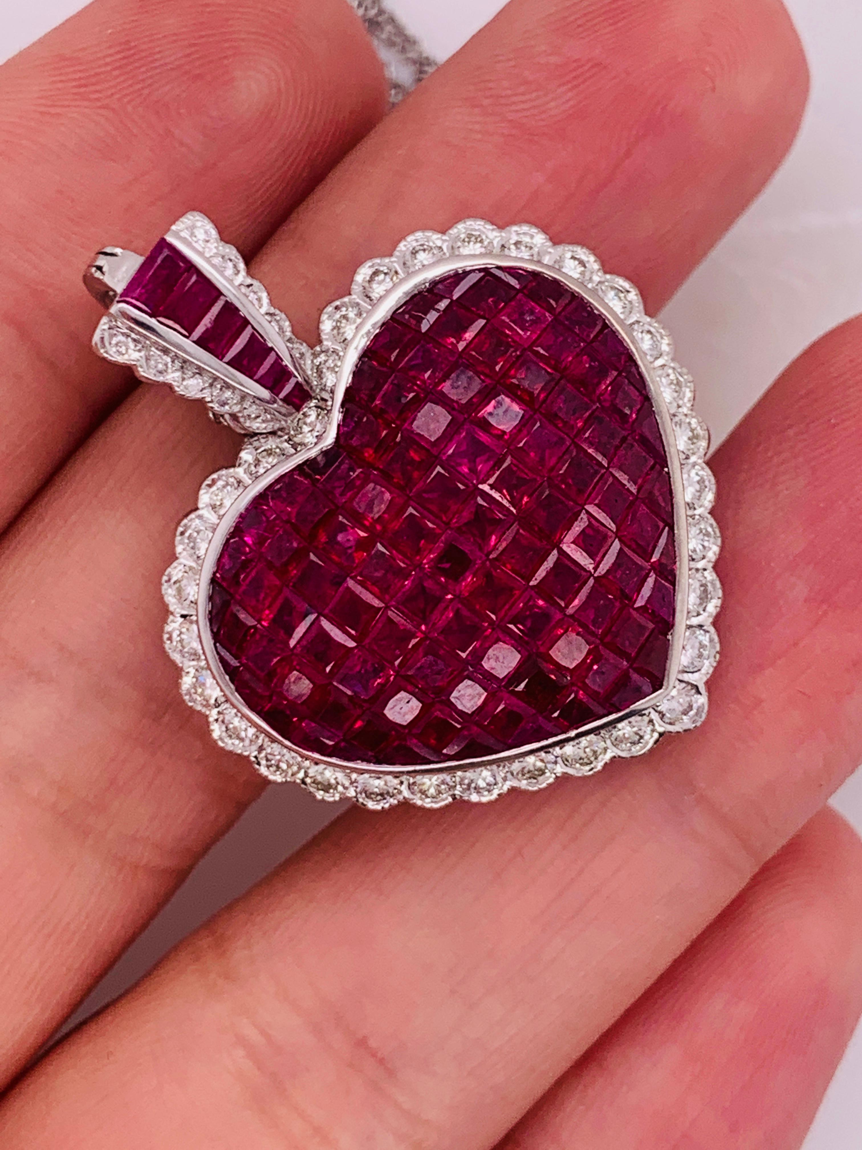 Women's or Men's 18 Karat White Gold Invisible Set Ruby and Diamond Pendant