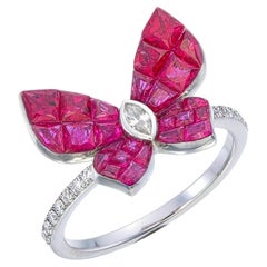 18K White Gold Invisible Set Ruby & Diamond Butterfly design Ring