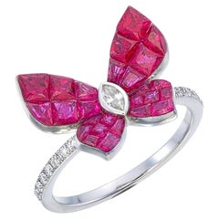 18K White Gold Invisible Set Ruby & Diamond Butterfly design Ring