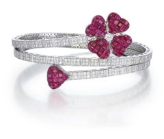 18K White Gold Invisible-Set Ruby & Diamond Floral Spring Bangle