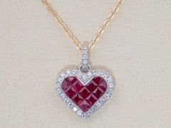 18K White Gold Invisible Set Ruby Pendant Heart-Shaped Diamond Halo V1210