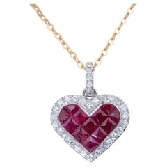 18K White Gold Invisible Set Ruby Pendant Heart-Shaped Diamond Halo V1210