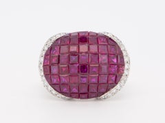 18K White Gold Invisible Set Ruby Saddle Ring with Diamond Heavy 9g+ 7.2ct V1208