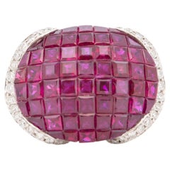 18K White Gold Invisible Set Ruby Saddle Ring with Diamond Heavy 9g+ 7.2ct V1208