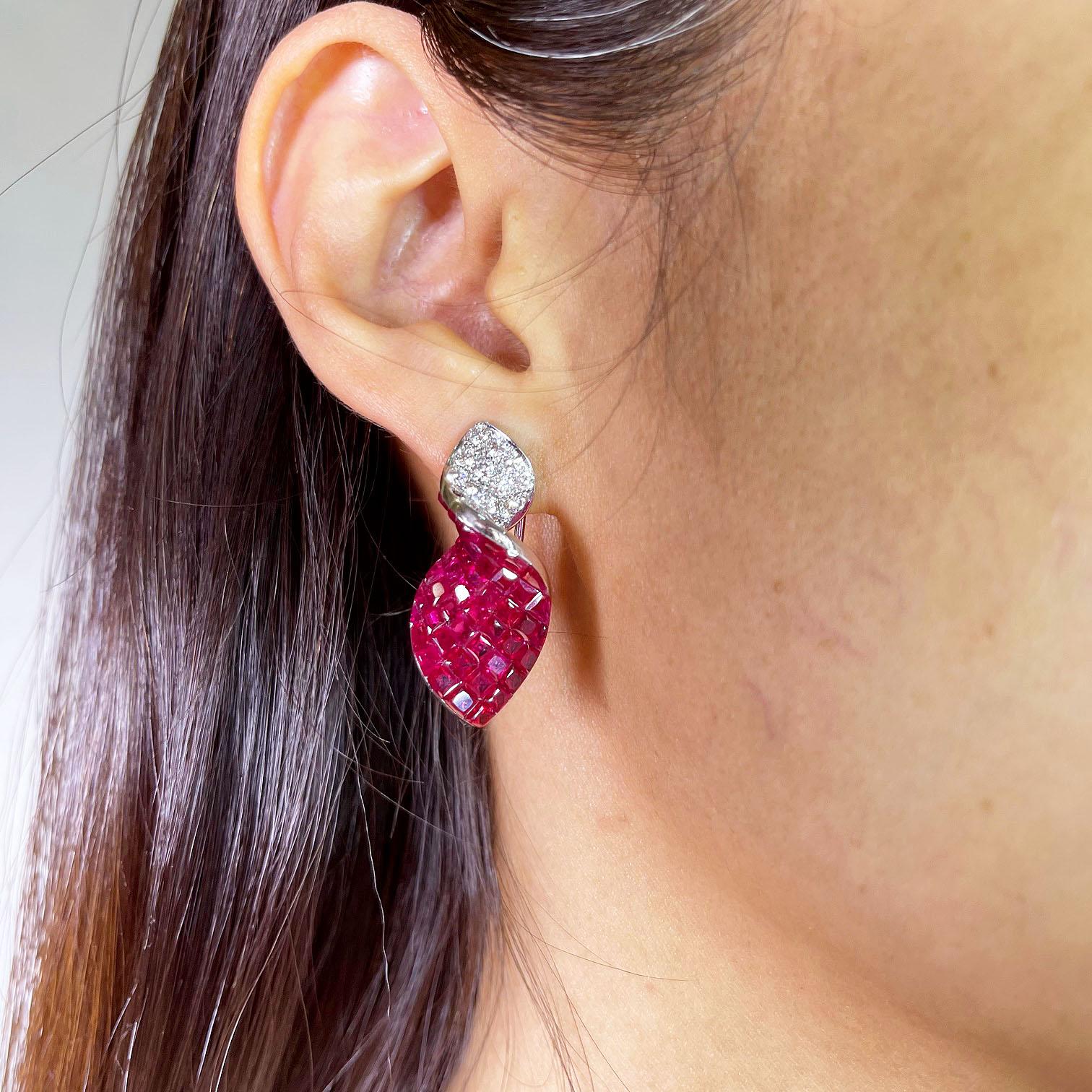 Modern 18 Carat White Gold Invisible Spiral Ruby Earrings For Sale