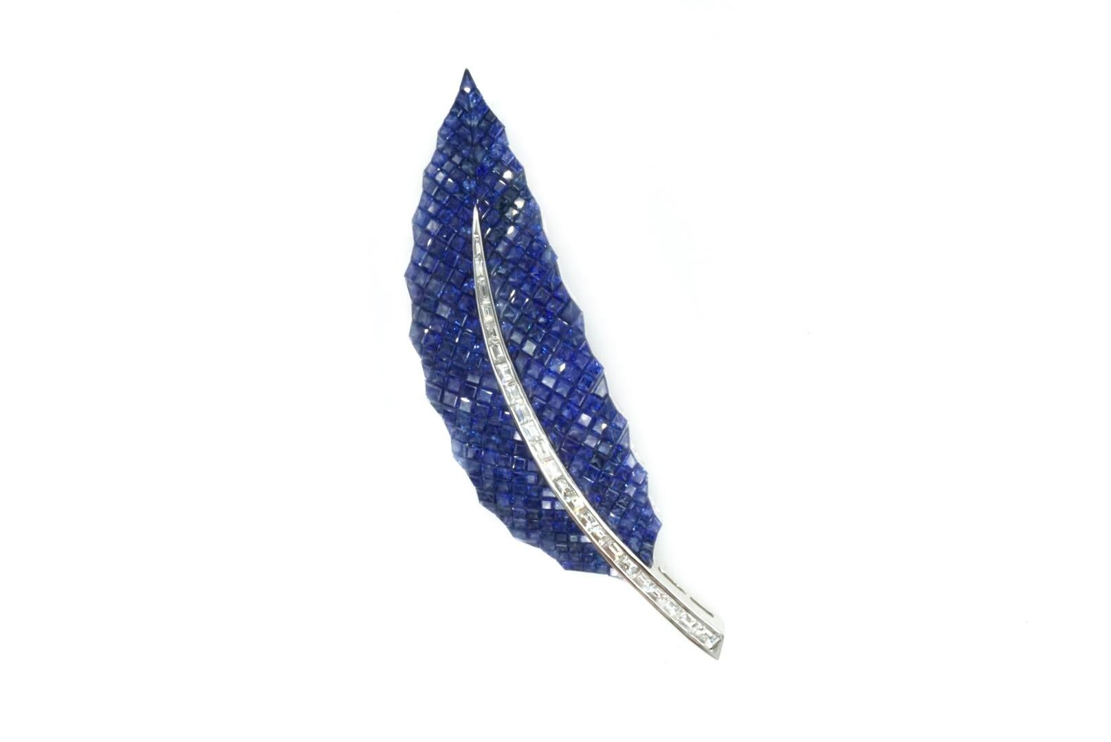 Brilliant Cut 18k White Gold Invisibly-Set Sapphire and Diamond Feather Clip-Brooch