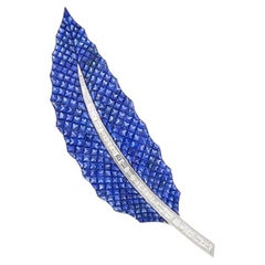18k White Gold Invisibly-Set Sapphire and Diamond Feather Clip-Brooch