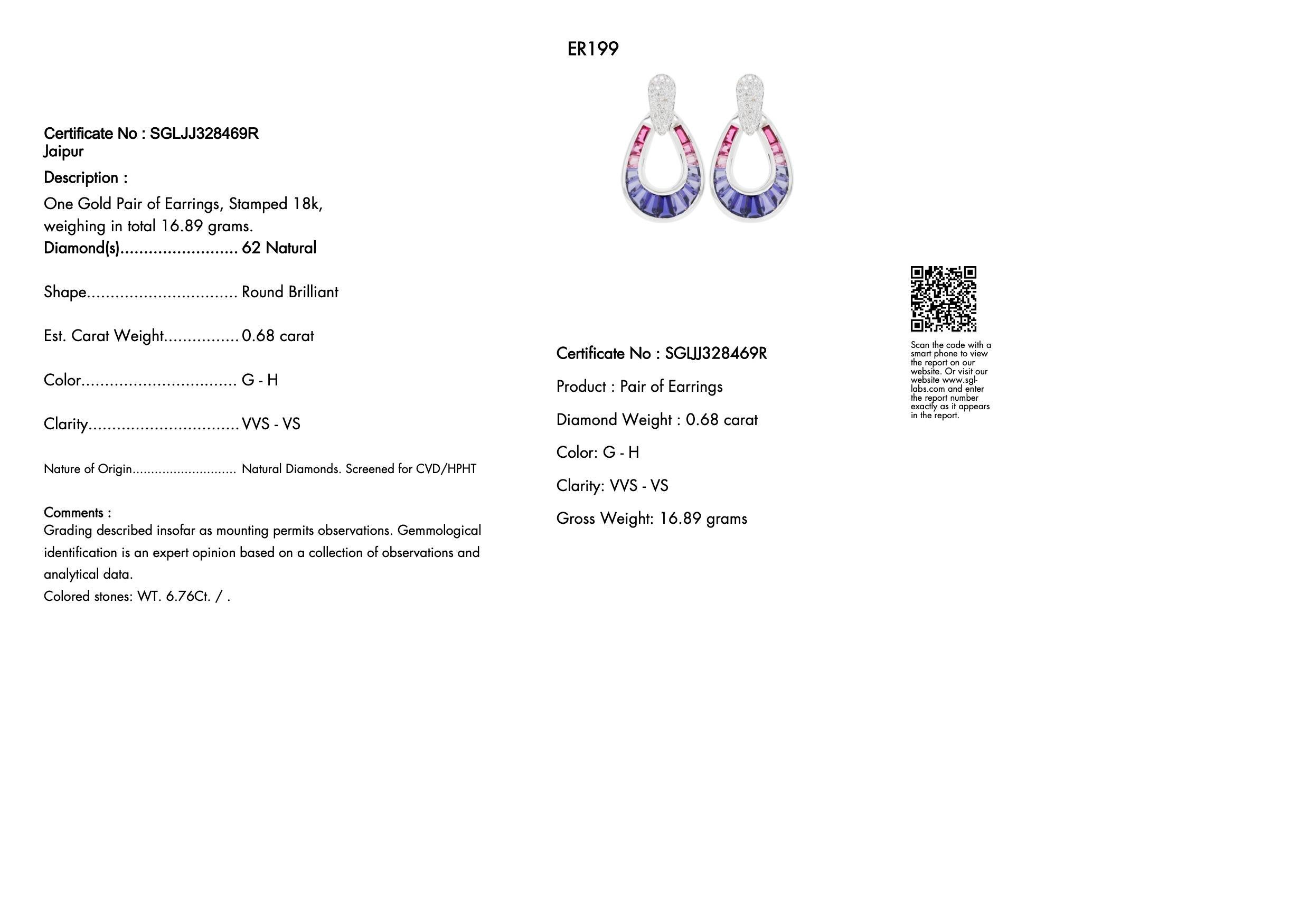 18K White Gold Iolite Pink Tourmaline Taper Baguette Diamond Dangle Earrings For Sale 4