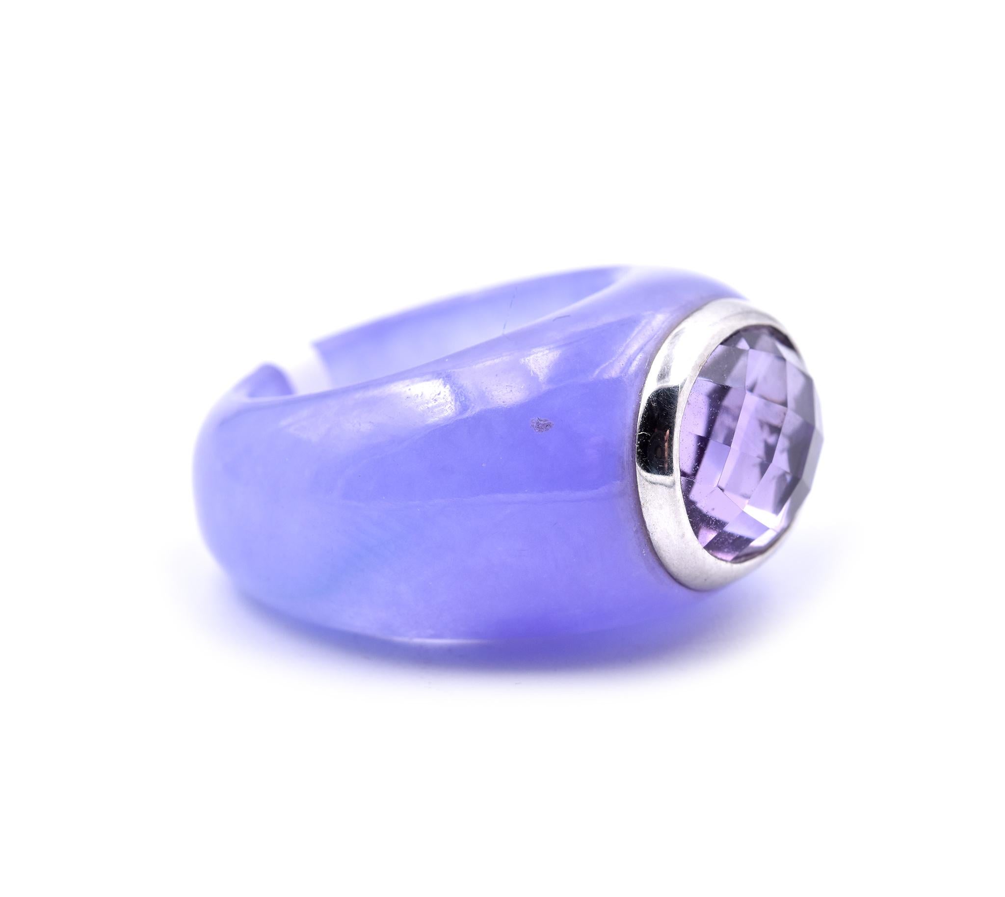 Designer: custom
Material: 18k white gold
Jade: purple jade band
Amethyst: Oval cut= 1.50ct
Ring size: 6 
Dimensions: ring is approximately 28.95mm by 24.61mm
Weight: 10.14 grams