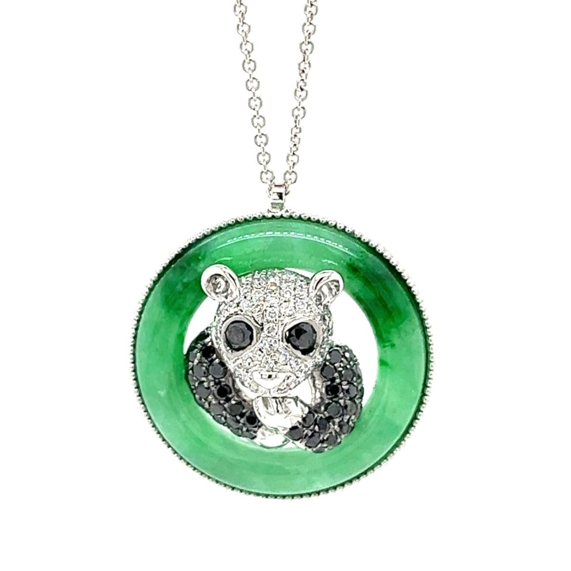 18K White Gold Jade Bamboo & Panda Necklace with Diamonds

38 Black Diamonds - 0.57 CT
65 Diamonds - 0.32 CT
1 Jade - 8.08 CT
18K White Gold - 8.21 GM

The captivating 18K gold Panda pendant is a true work of art, effortlessly blending elegance and