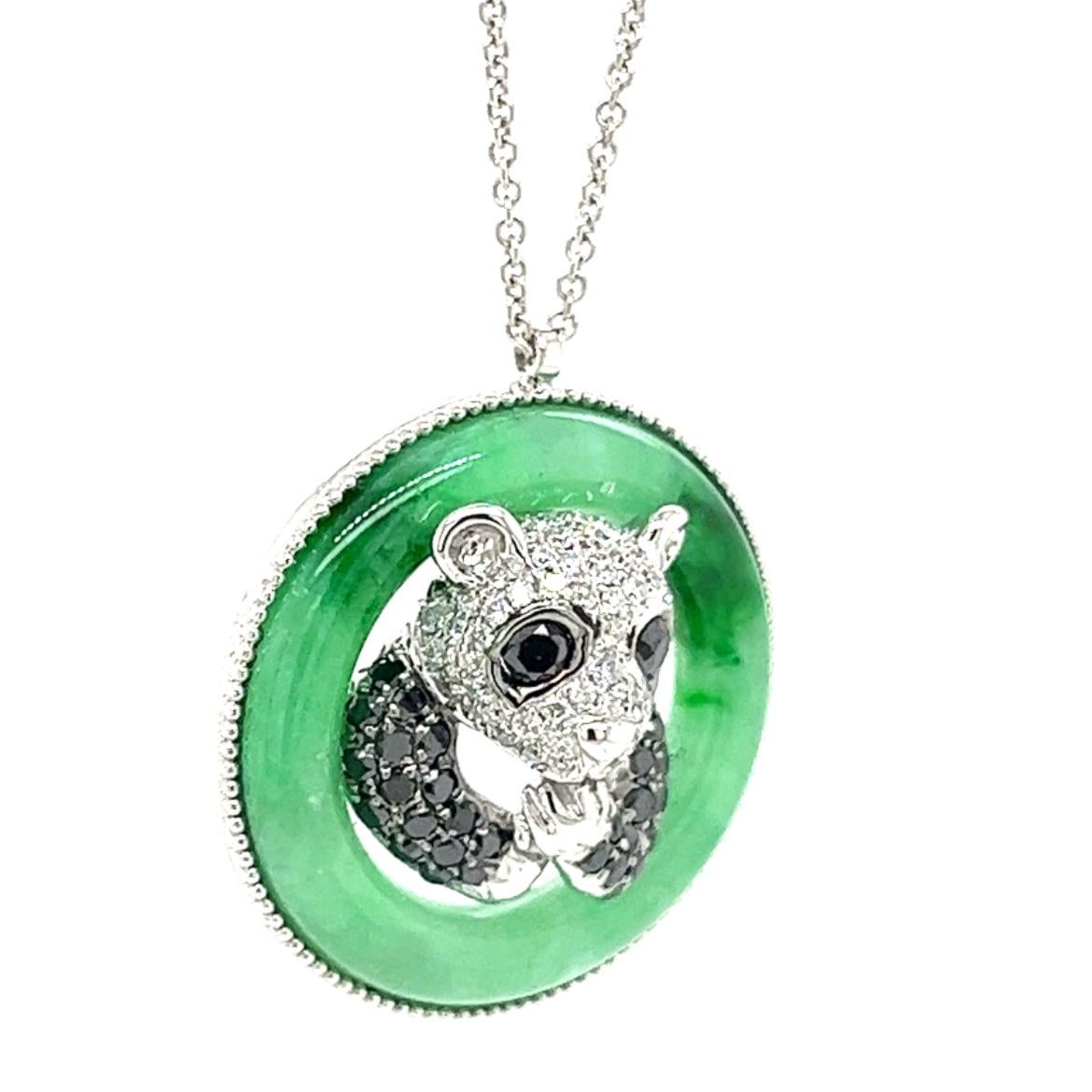 Modern 18K White Gold Jade Bamboo & Panda Necklace with Diamonds For Sale