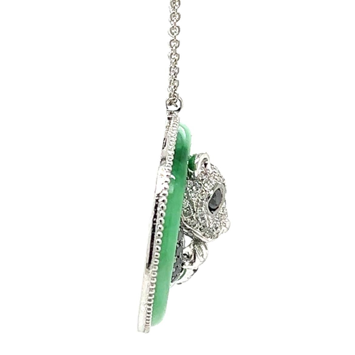 Round Cut 18K White Gold Jade Bamboo & Panda Necklace with Diamonds For Sale