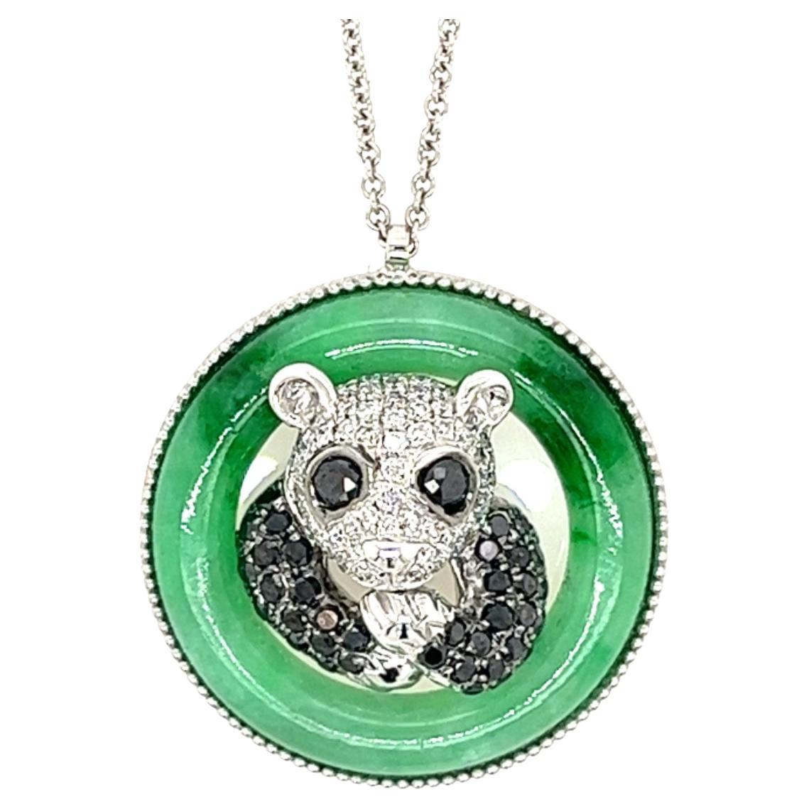 18K White Gold Jade Bamboo & Panda Necklace with Diamonds For Sale
