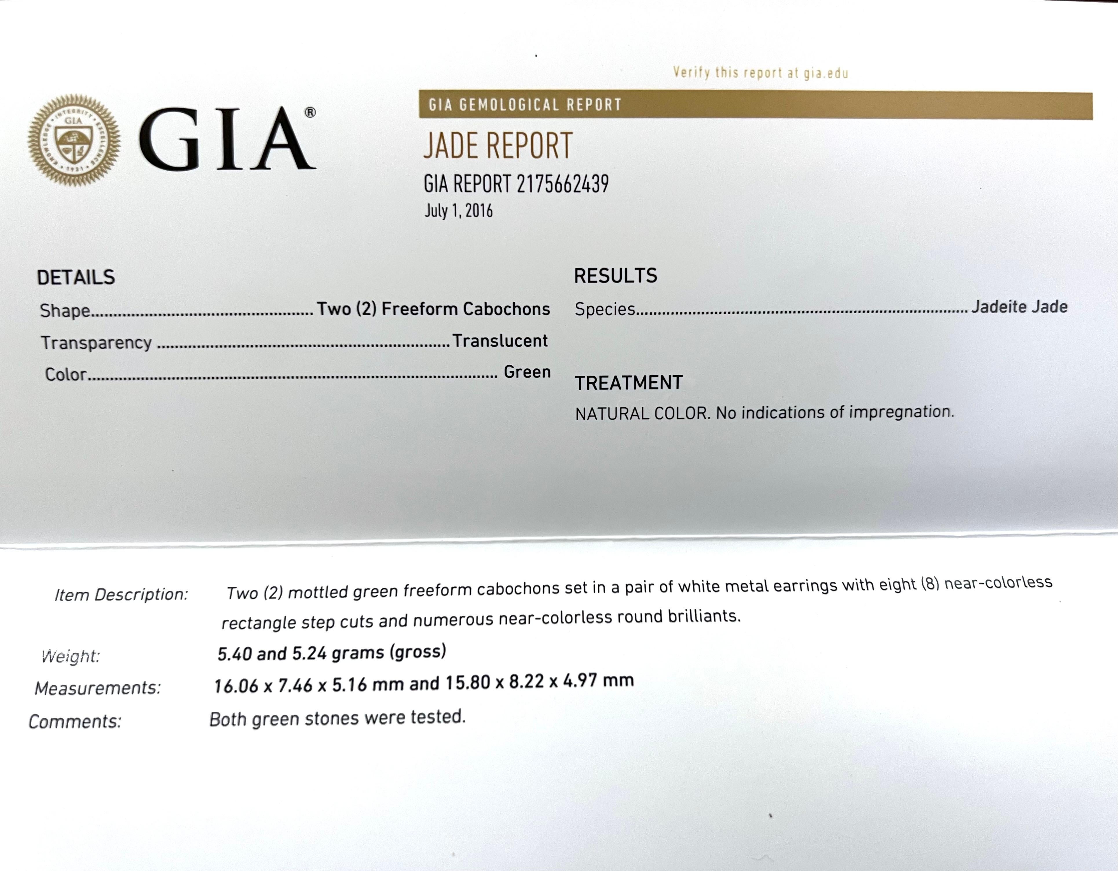 Boucles d'oreilles en or blanc 18 carats avec jadéite et diamants certifiés GIA Neuf - En vente à Carrollton, TX