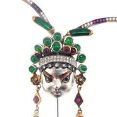 18K White Gold Jadeite & Ruby Chinese Opera Portrait Brooch with Diamonds