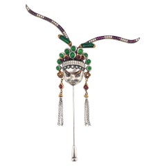 18K Weißgold Jadeit & Rubin Chinesische Oper Portrait Brosche mit Diamanten