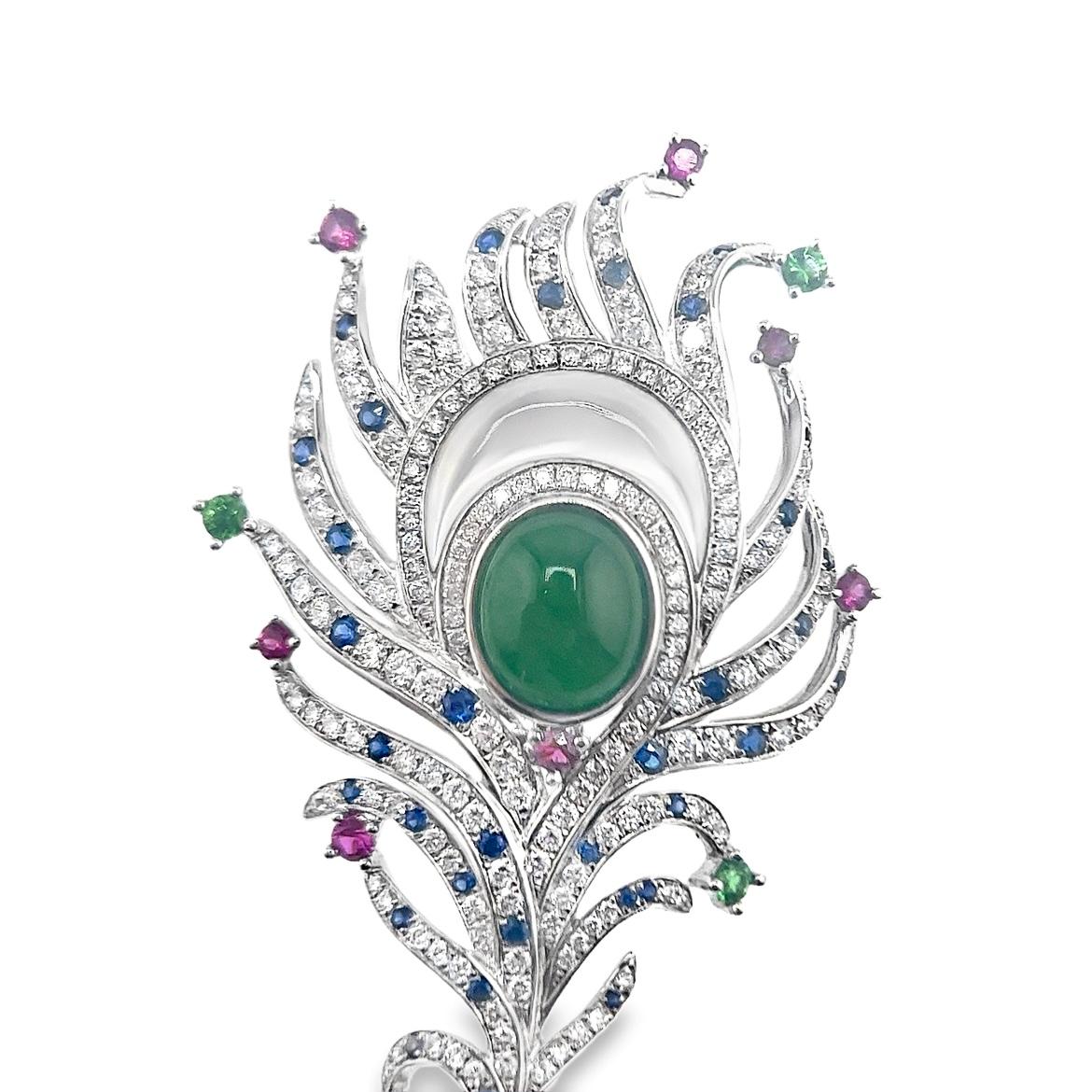 Brosche/Anhänger aus 18 Karat Weißgold Jadeit & Saphir mit Diamanten (Rundschliff) im Angebot