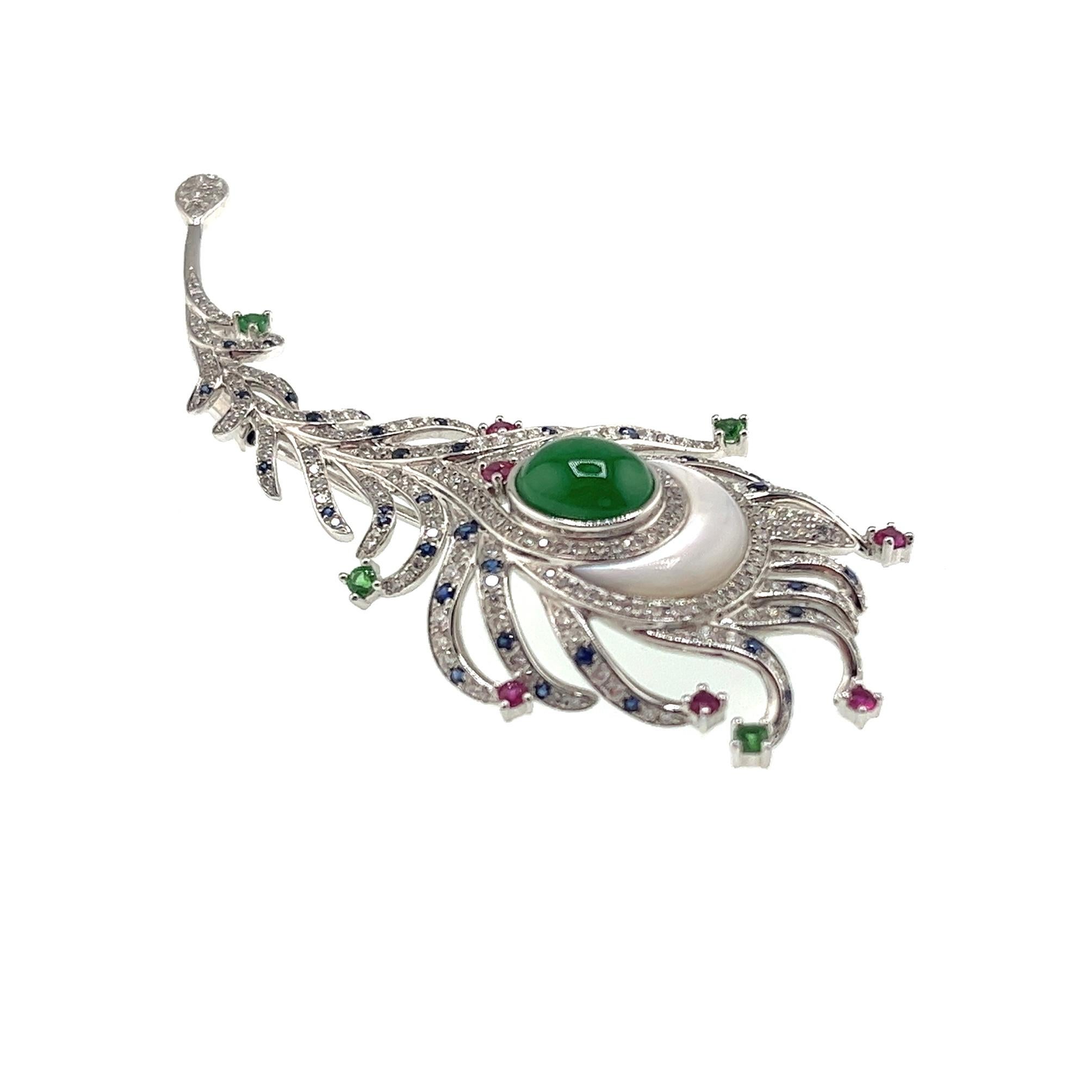 Brosche/Anhänger aus 18 Karat Weißgold Jadeit & Saphir mit Diamanten im Angebot 1