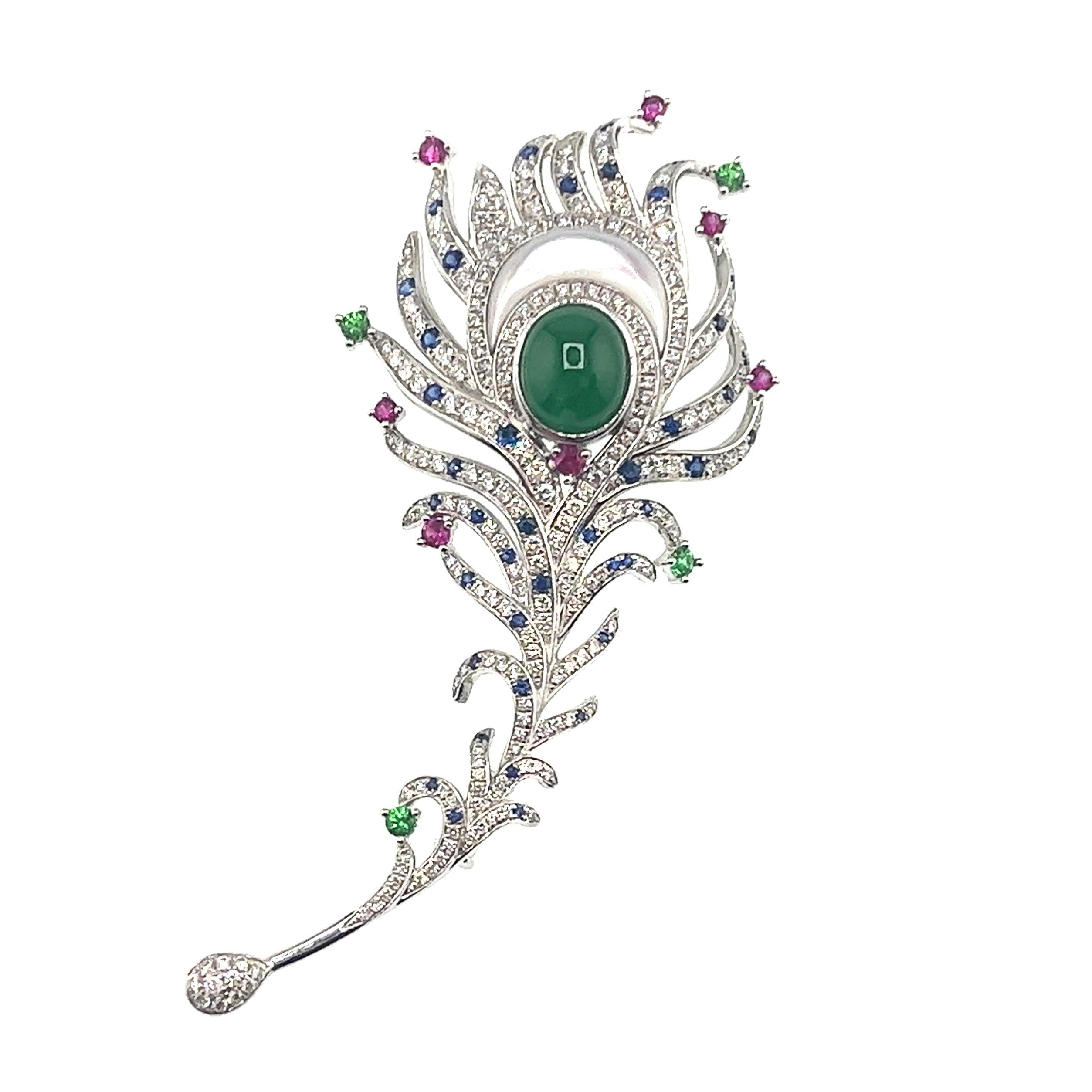 18K White Gold Jadeite & Sapphire Brooch/Pendant with Diamonds