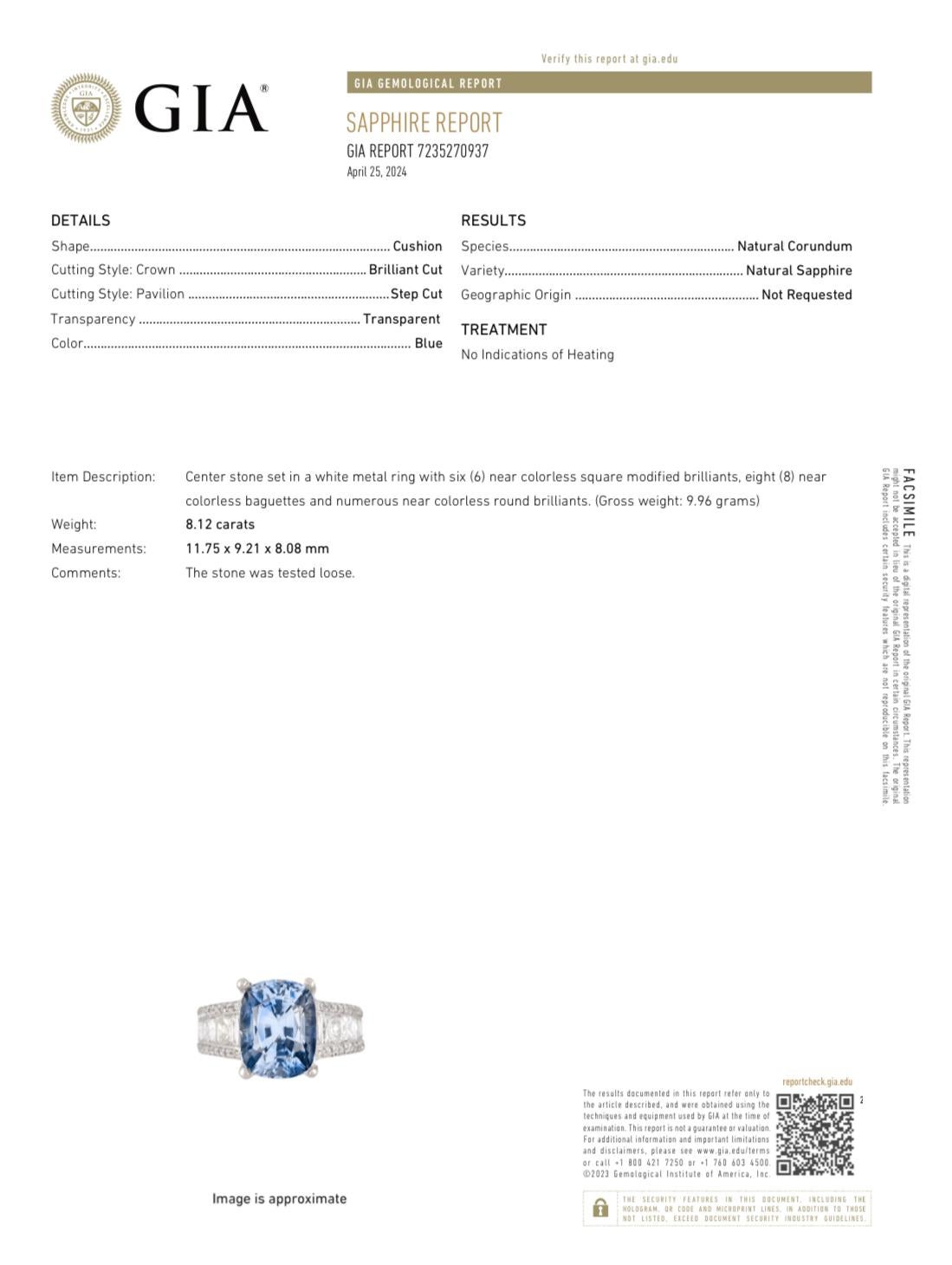 18K White Gold JB Star Diamond GIA Certified 8.12 Carat No Heat Sapphire Ring For Sale 7