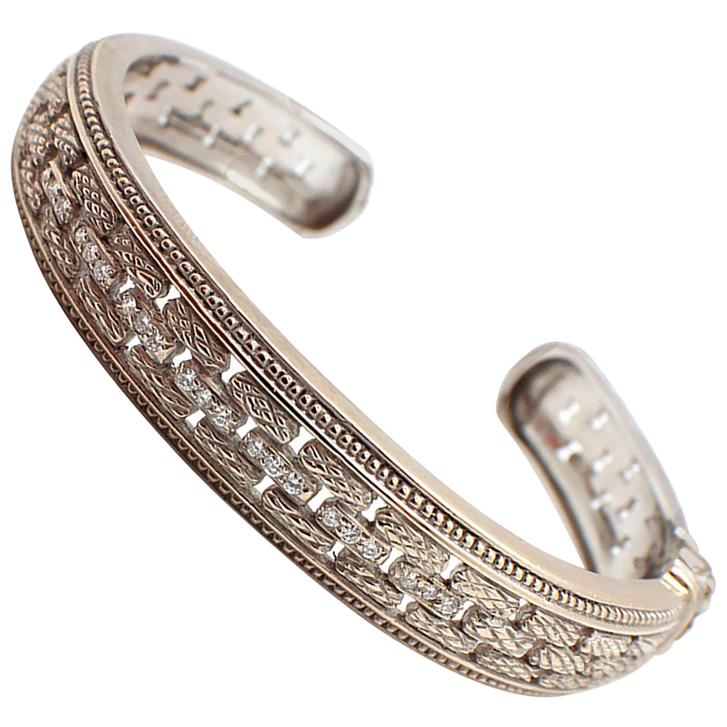 18 Karat White Gold Judith Ripka Diamond Hinged Bangle Bracelet