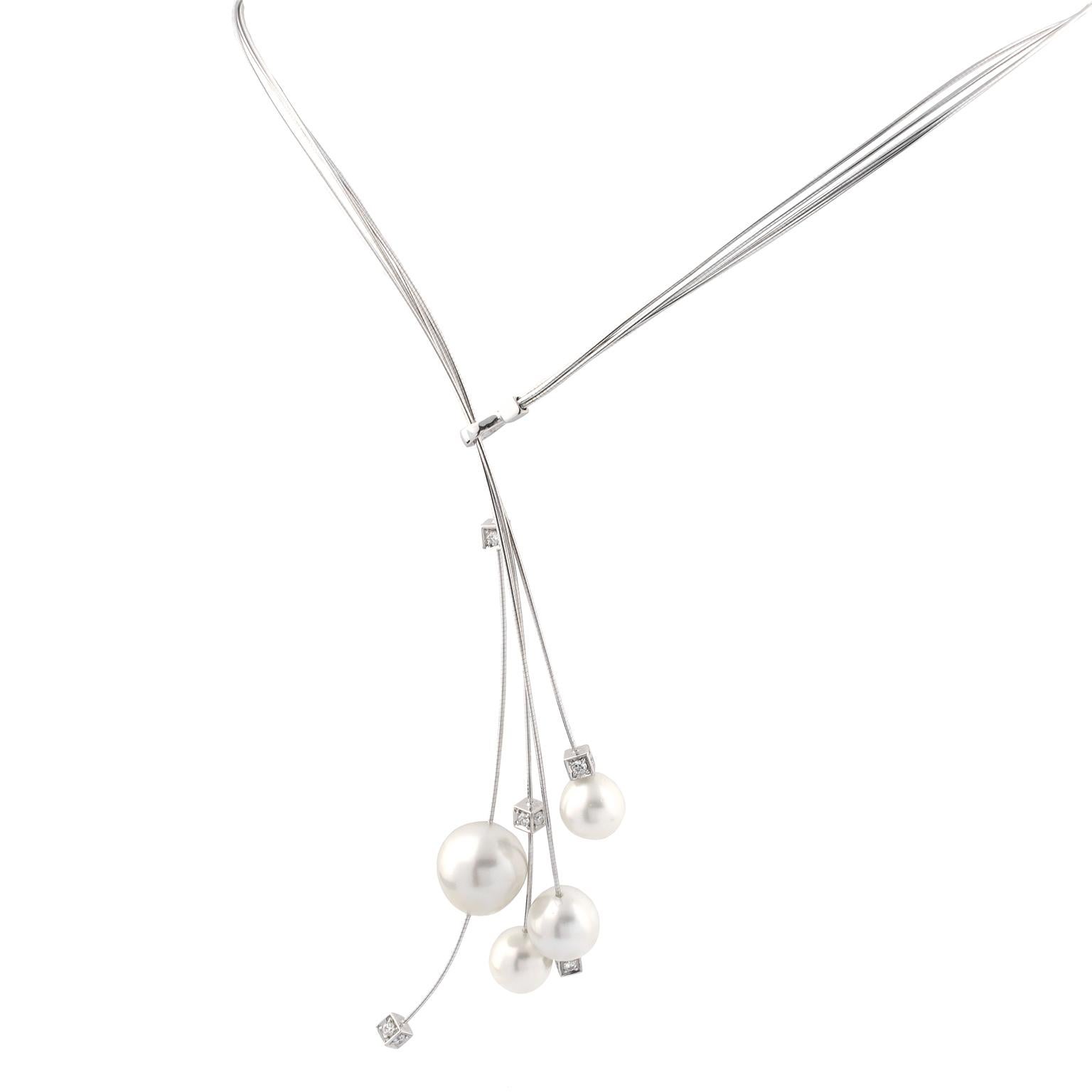 18K White Gold Kailis Comet Lariat Diamonds Australian Pearls Necklace For Sale