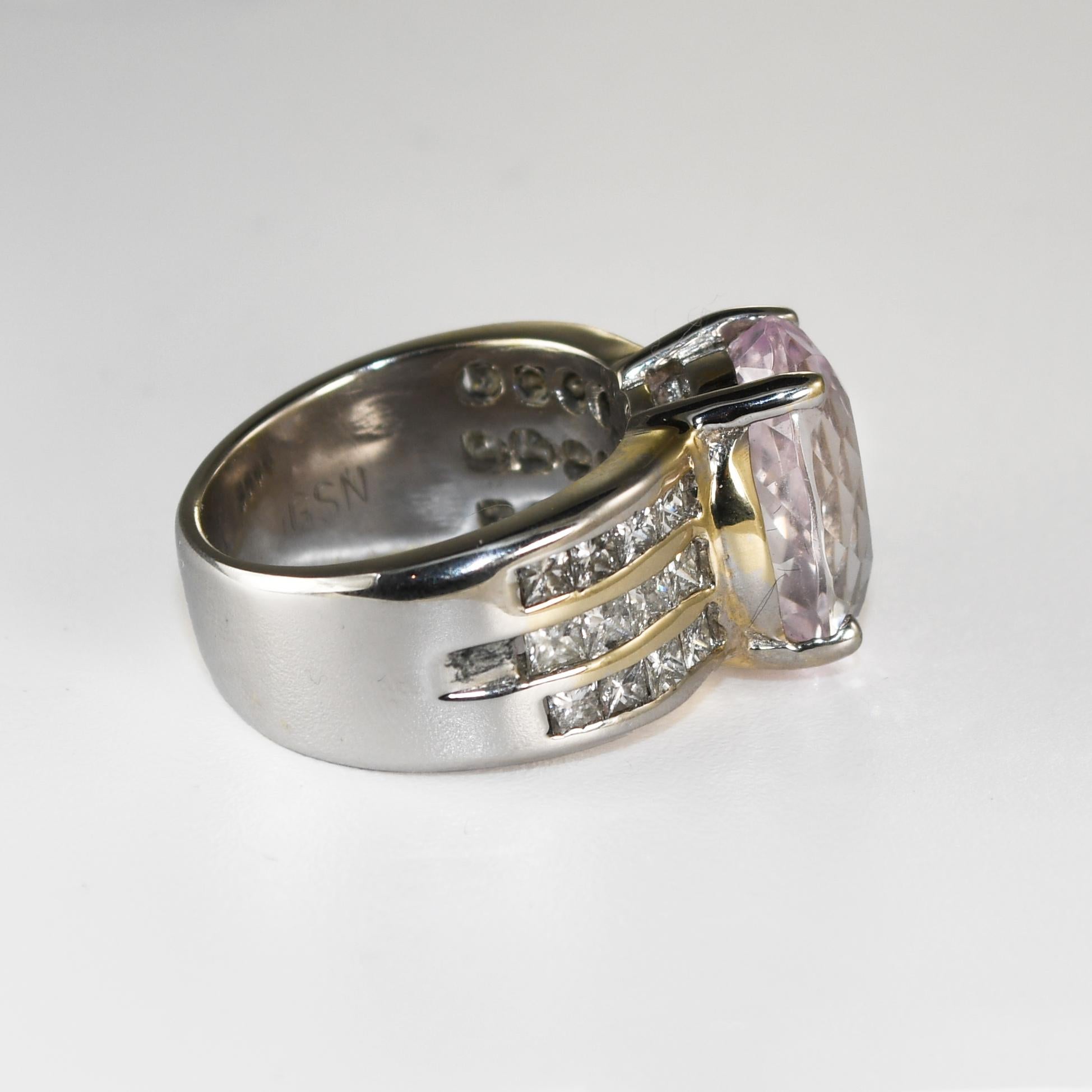 Oval Cut 18K White Gold Kunzite and Diamond Ring 13.7g For Sale