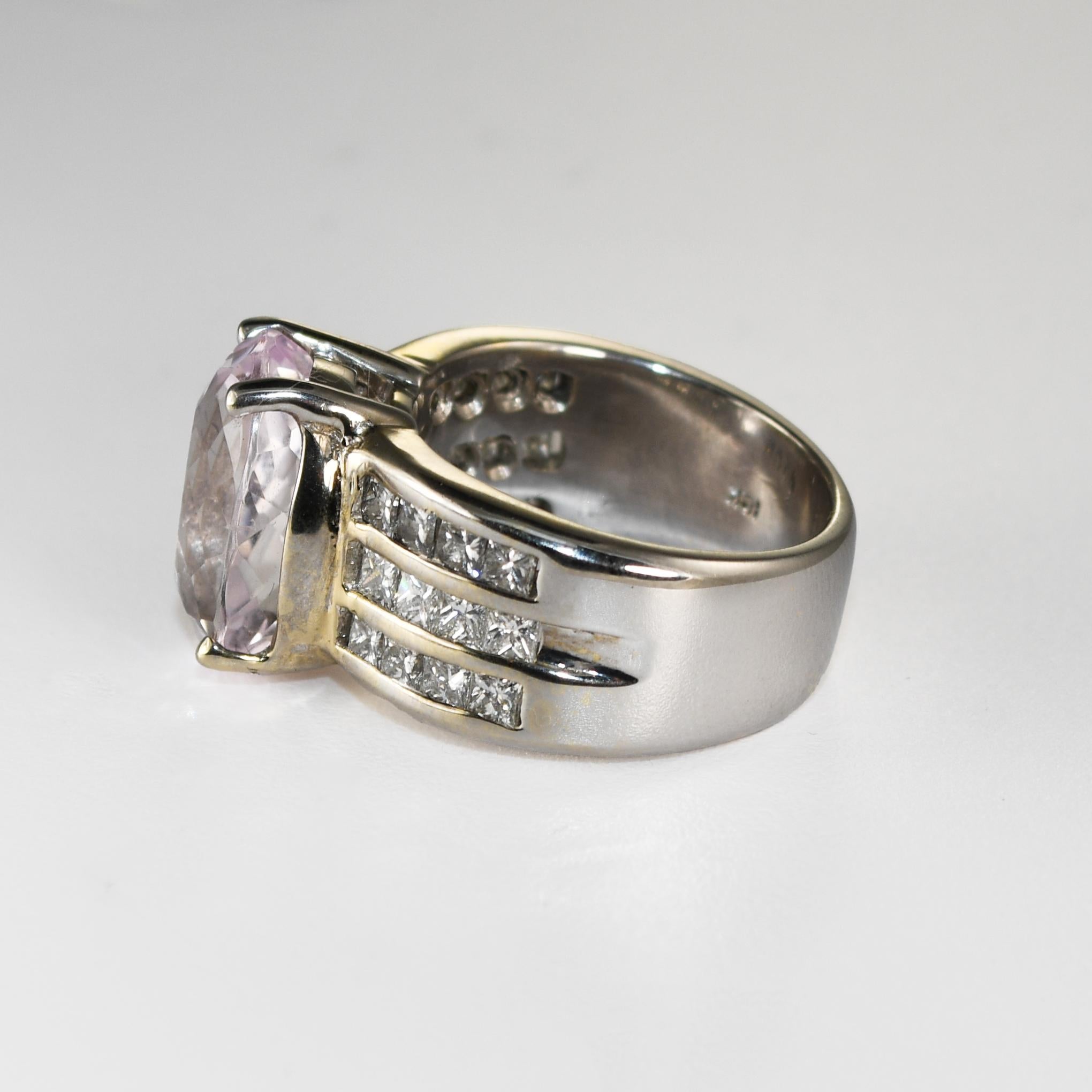 Women's or Men's 18K White Gold Kunzite and Diamond Ring 13.7g For Sale