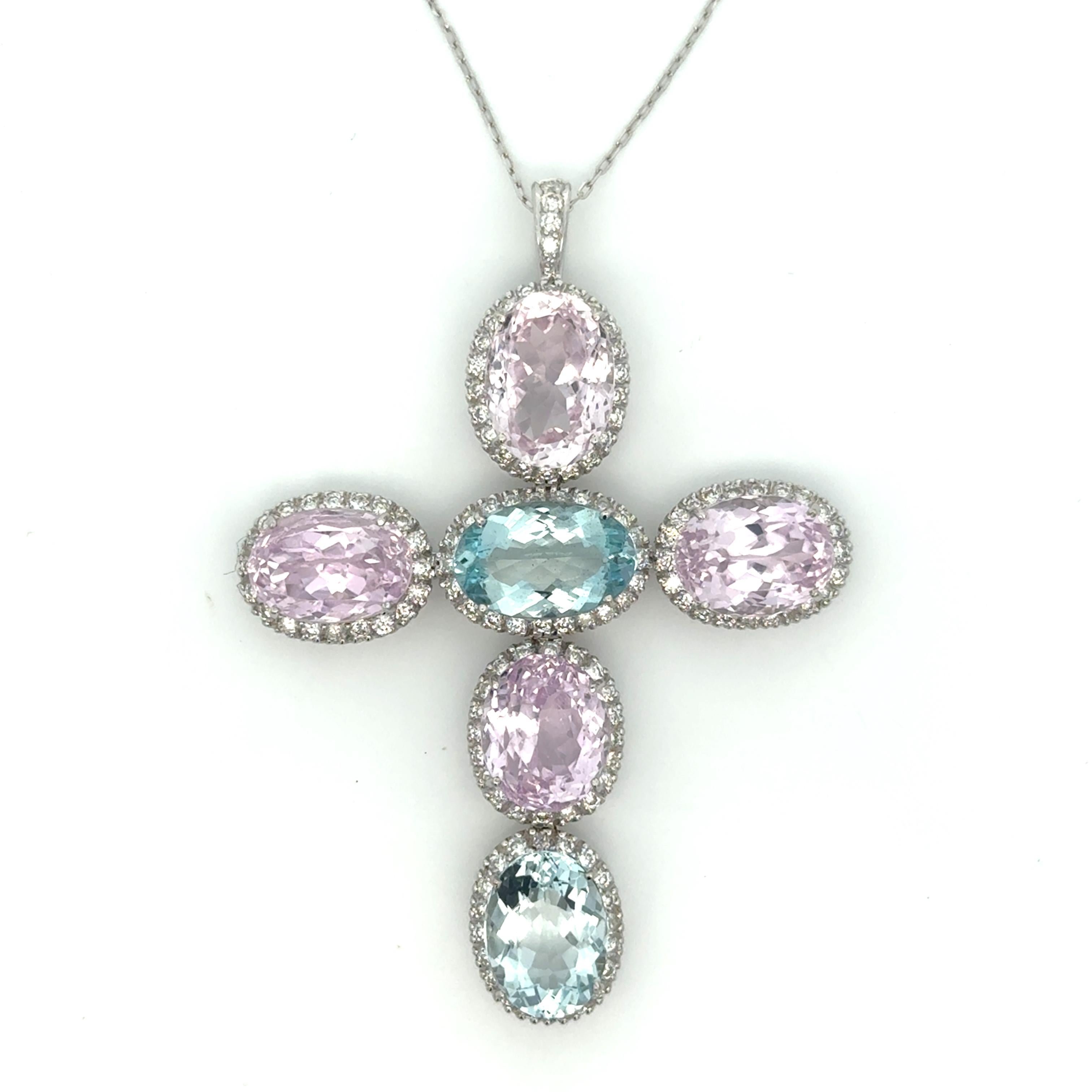 Modern 18K White Gold, Kunzite, Aquamarine and Diamond Large Cross Necklace For Sale