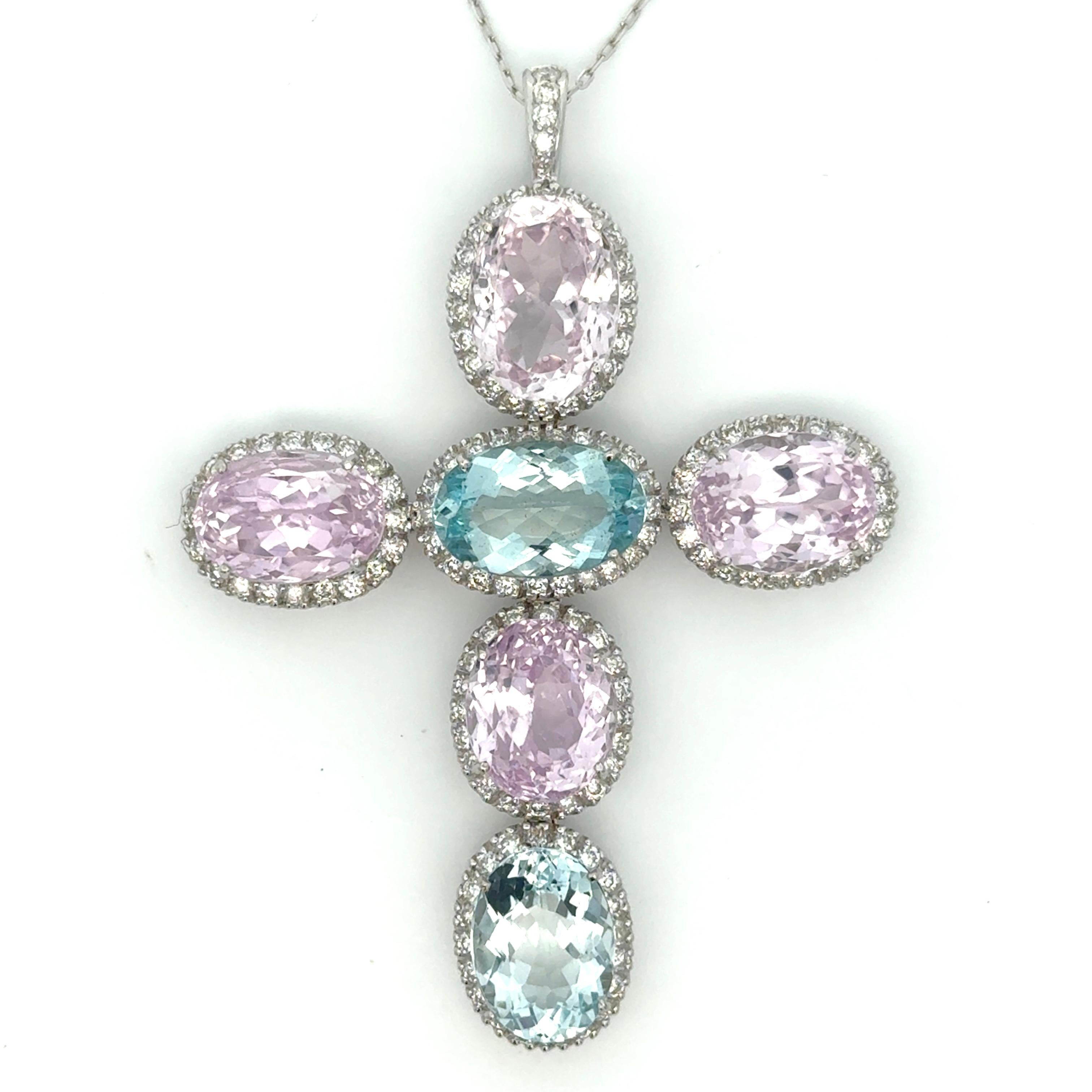 Oval Cut 18K White Gold, Kunzite, Aquamarine and Diamond Large Cross Necklace For Sale