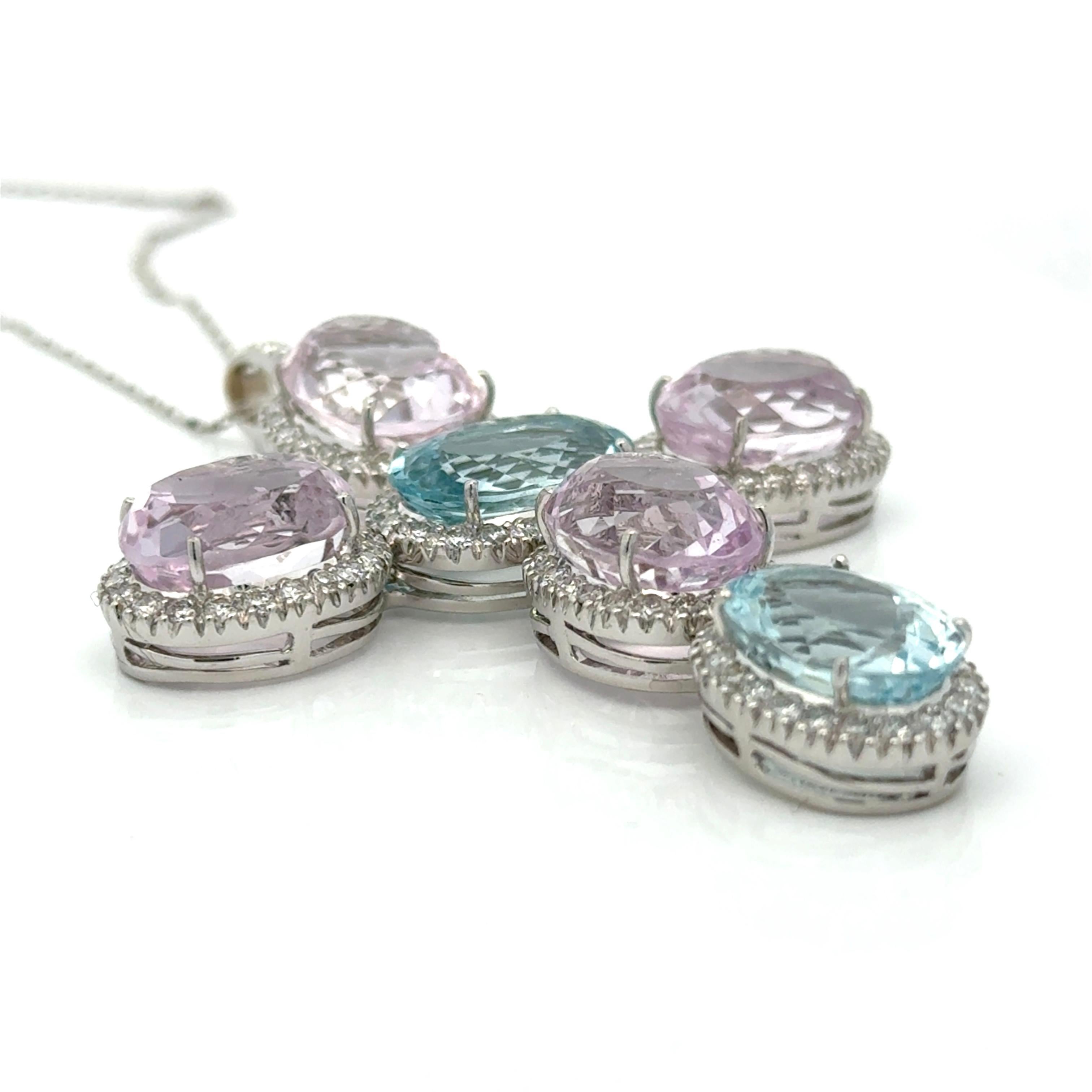 18K White Gold, Kunzite, Aquamarine and Diamond Large Cross Necklace In Good Condition For Sale In Derby, NY