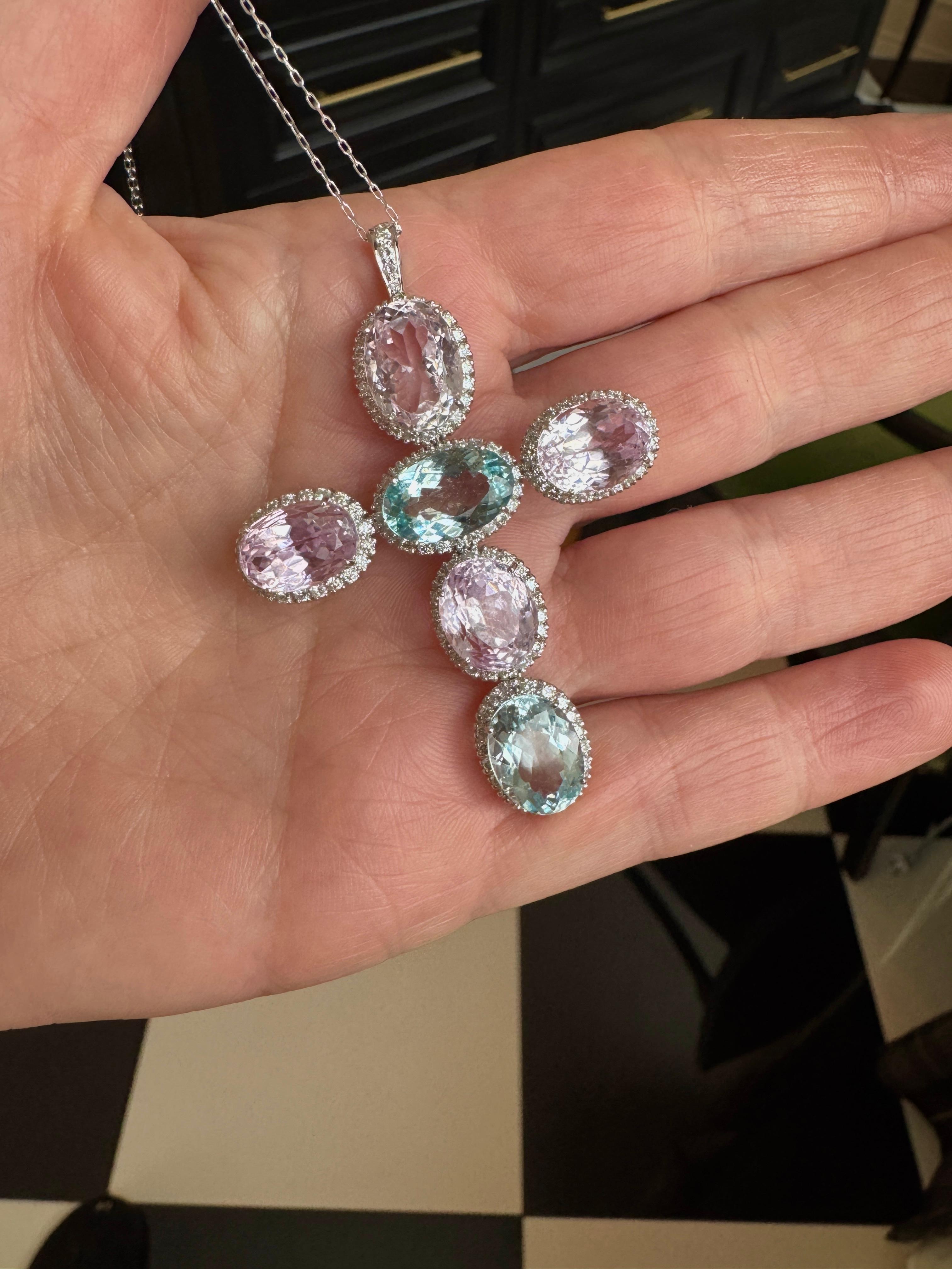 Women's or Men's 18K White Gold, Kunzite, Aquamarine and Diamond Large Cross Necklace For Sale
